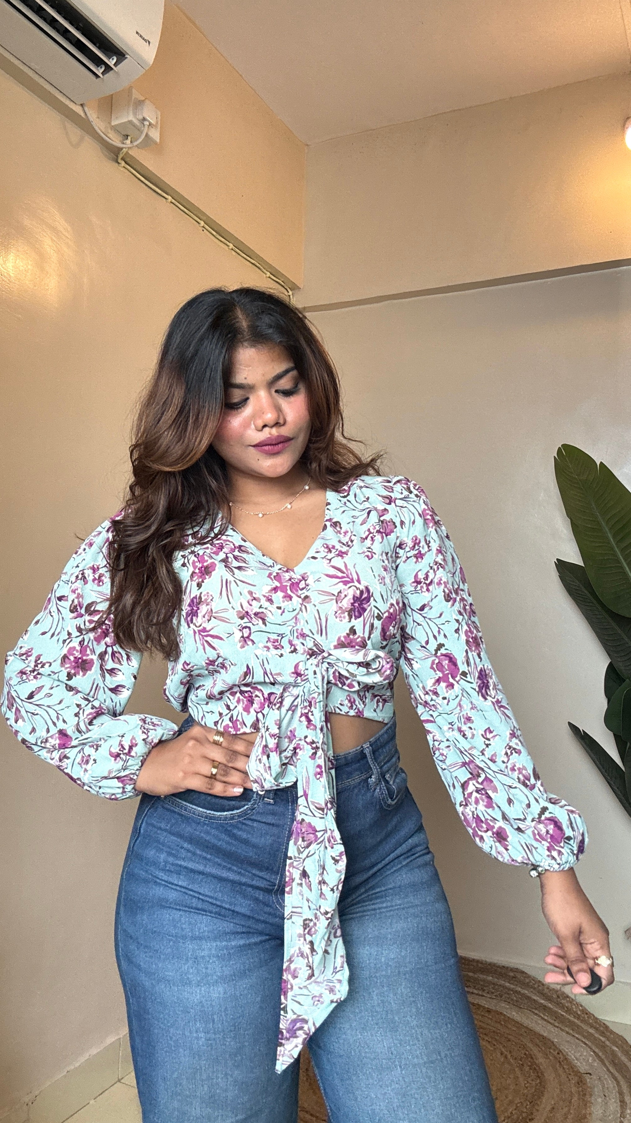 Floral Printed Front Bow Tie-Up Top