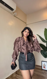 Ruffle V Neck Tie-Up Shirt
