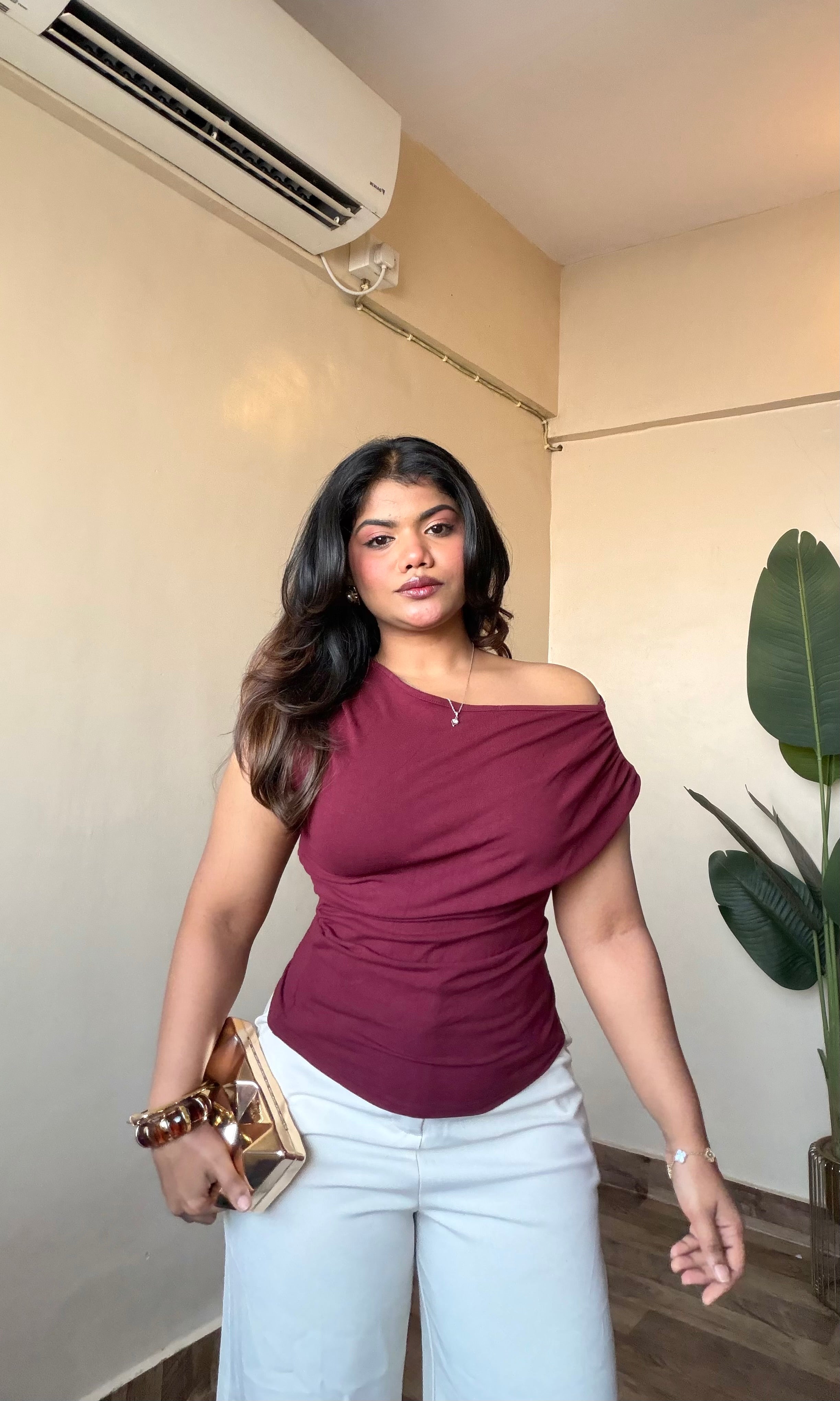 Asymmetrical One Off-Shoulder Ruched Top #2297