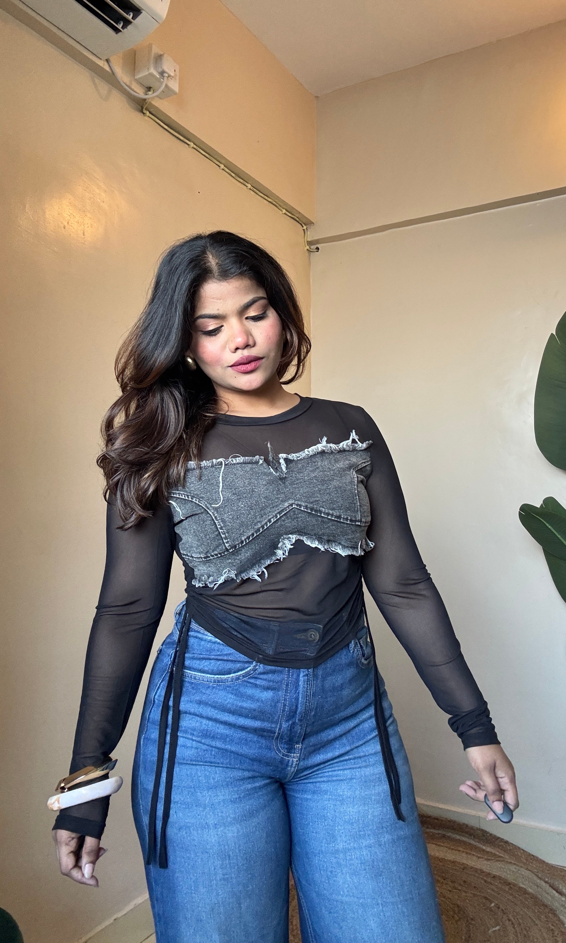Ruched Denim Mesh Top