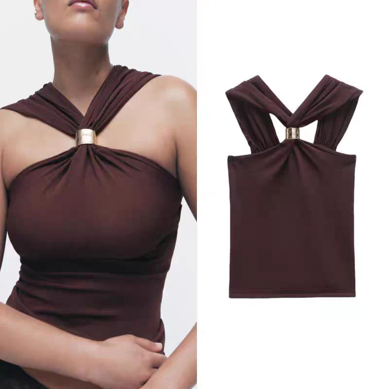 Golden Metallic Broch Halter Neck Top