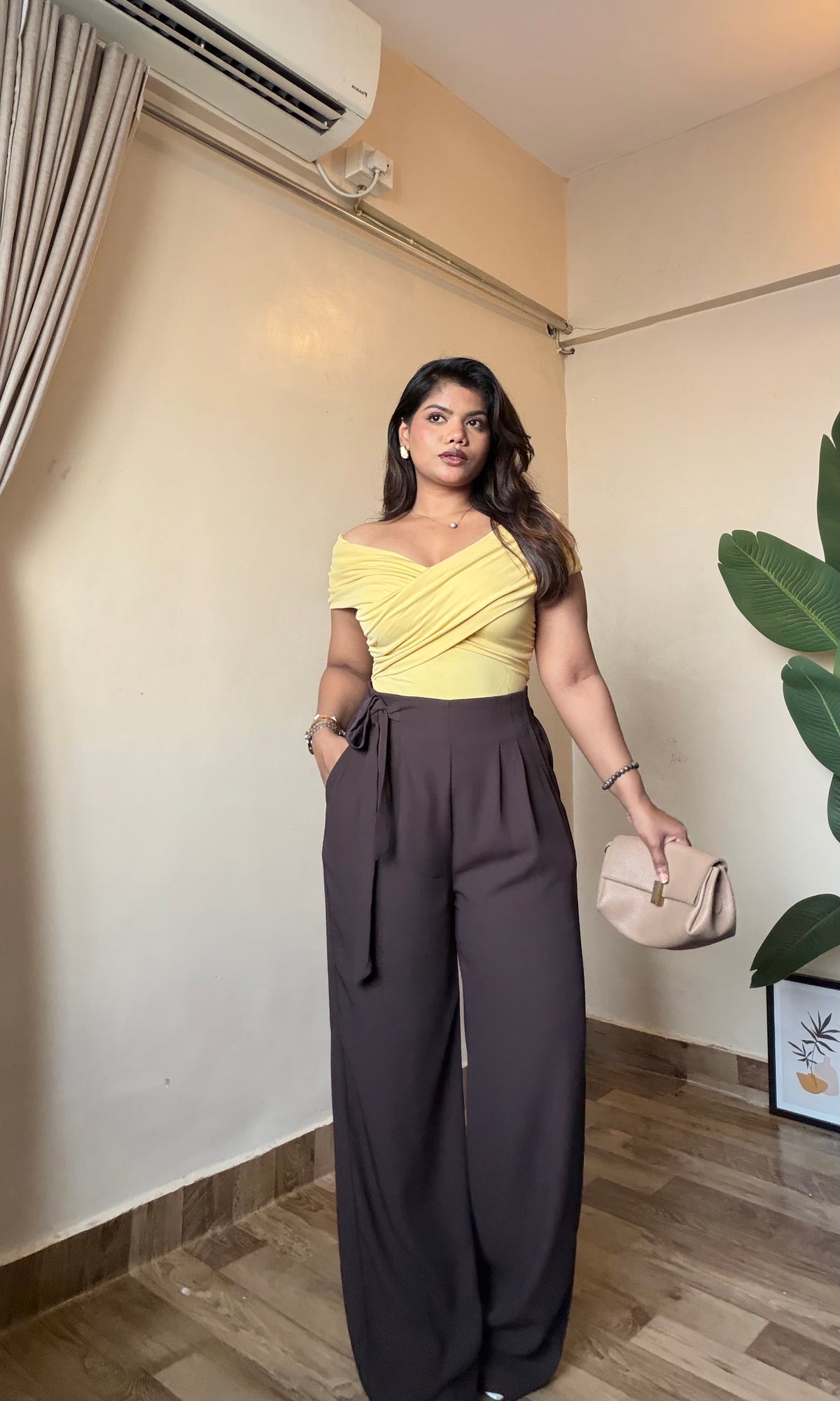 Brown Wide Leg Tie-Up Trouser