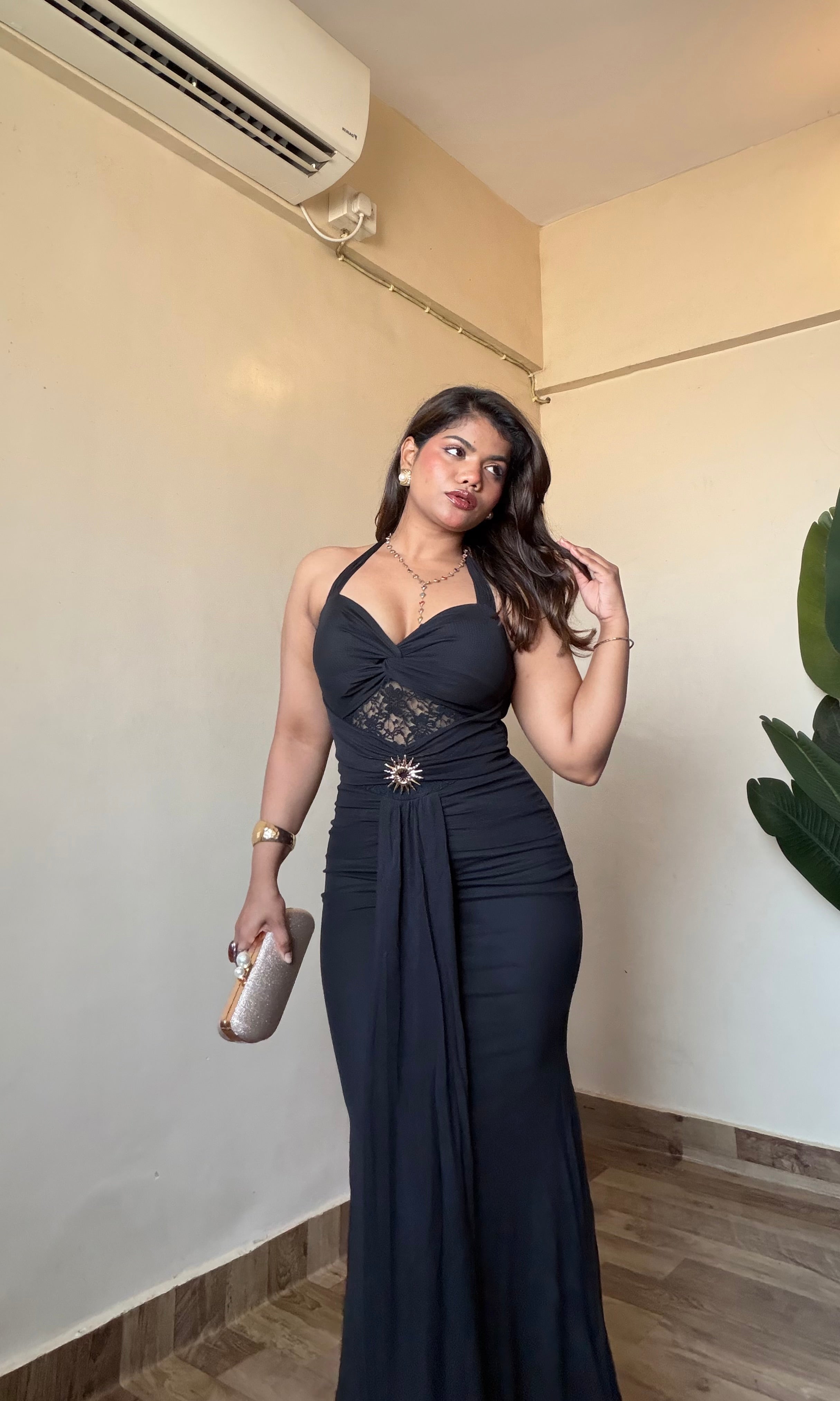 Halter Neck Metallic Decor Dress