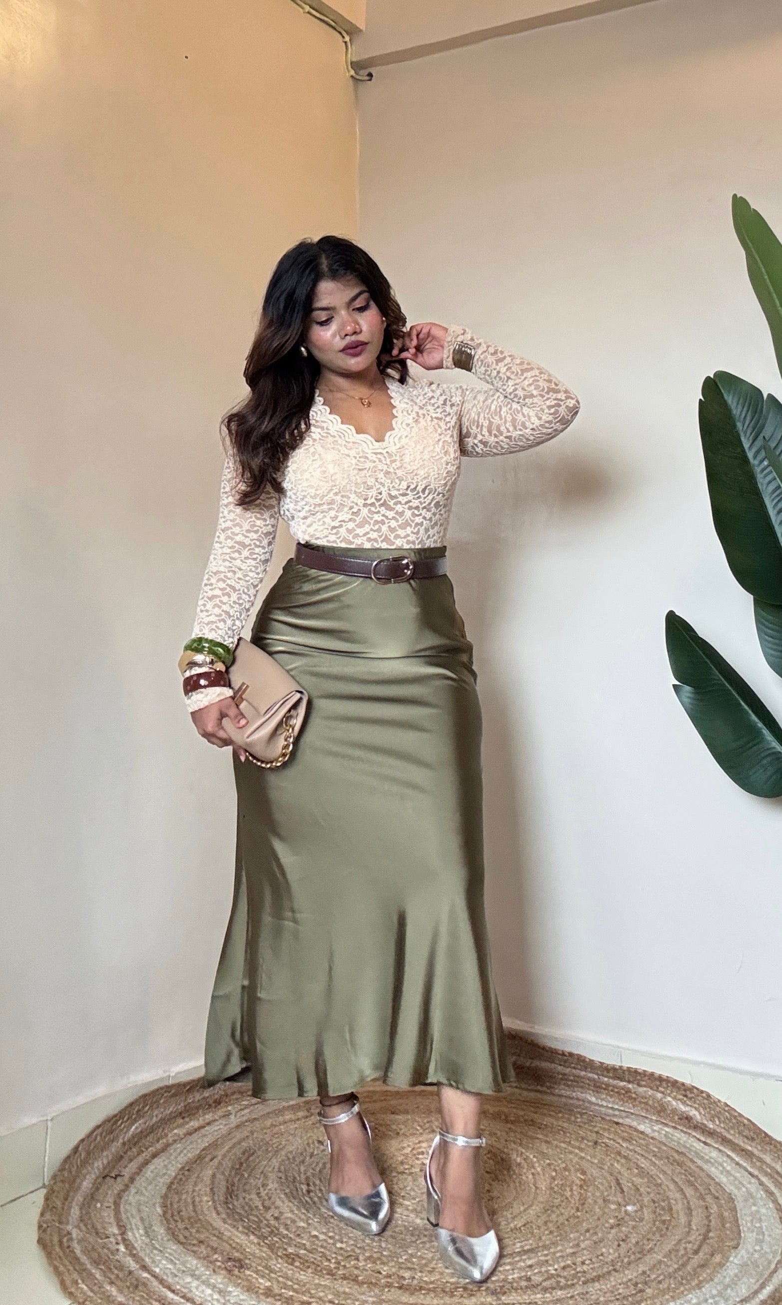Bestseller Beige Velvet Top With Olive Green Satin Skirt