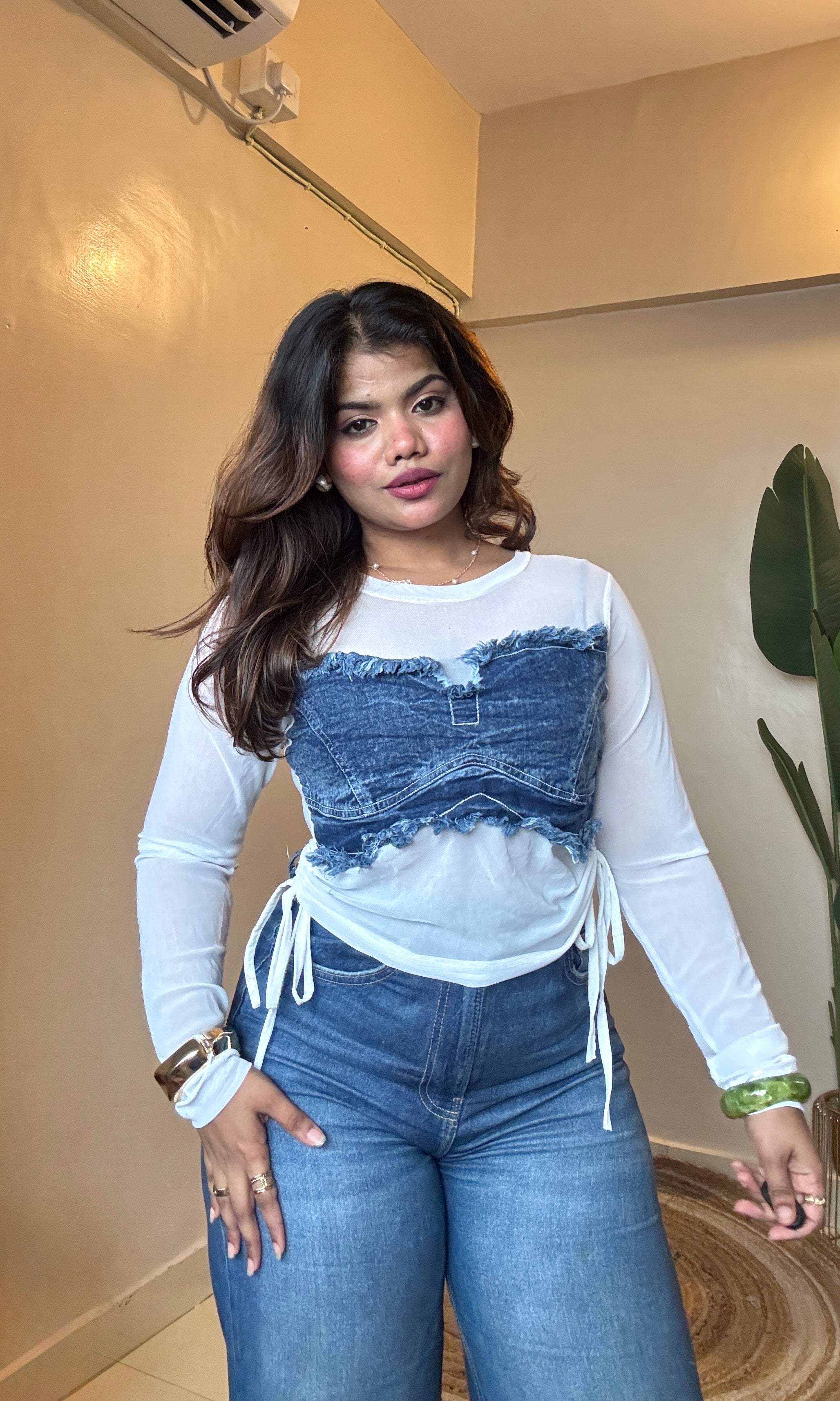 Ruched Denim Mesh Top