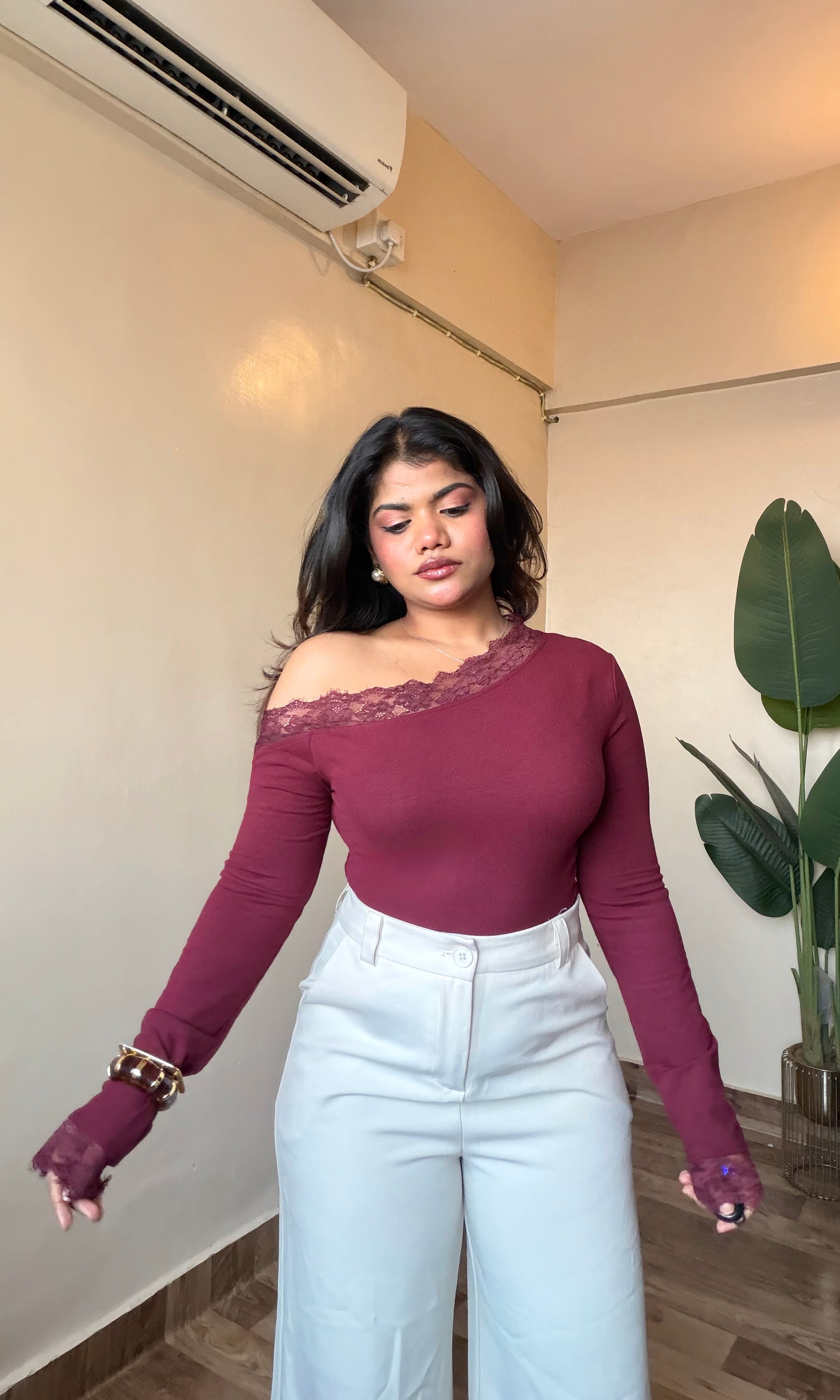 Lacy Asymmetric Off-Shoulder Top