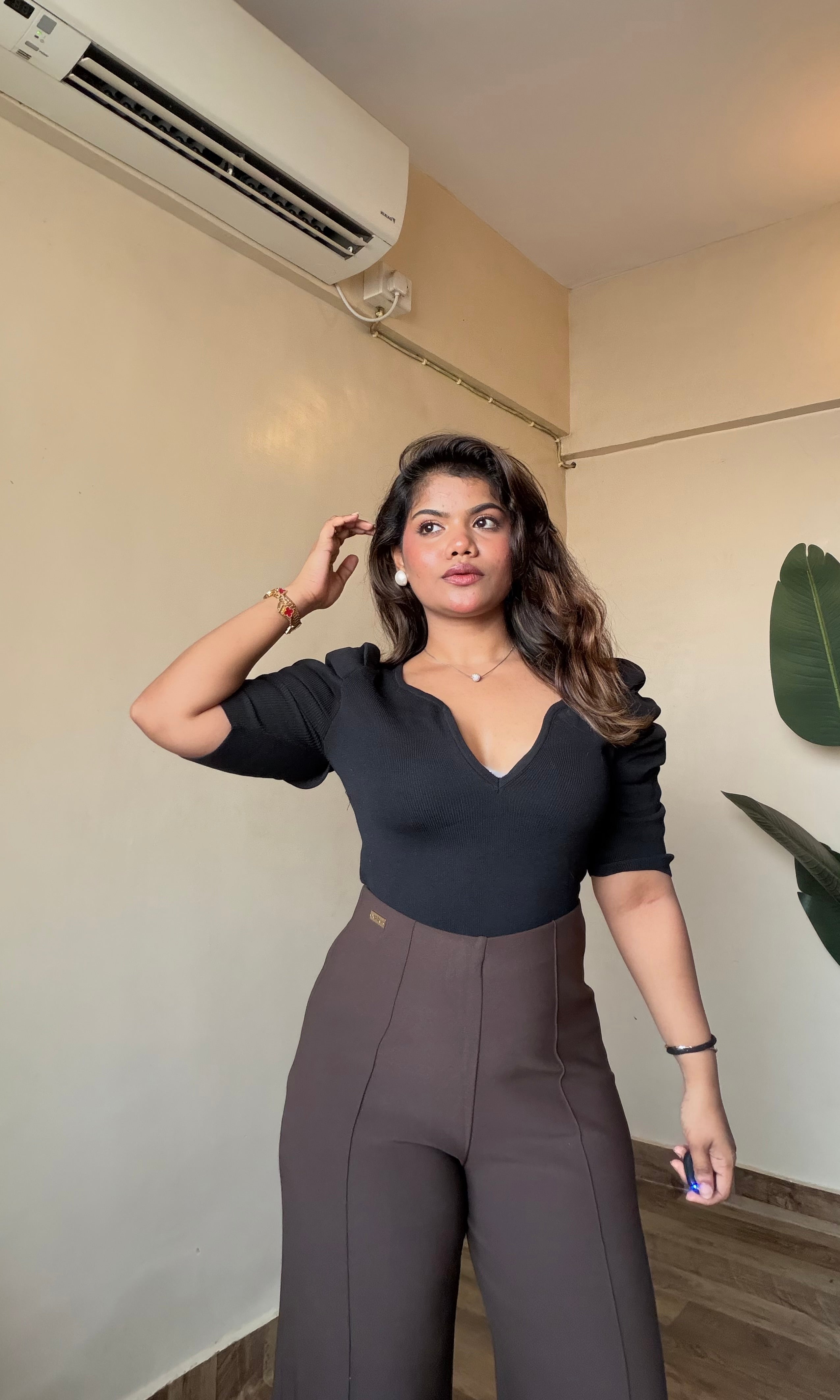 Deep V Neck Puff Sleeve Top