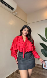 Ruffle V Neck Tie-Up Shirt