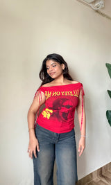 Retro Graphic Print Off-Shoulder Top