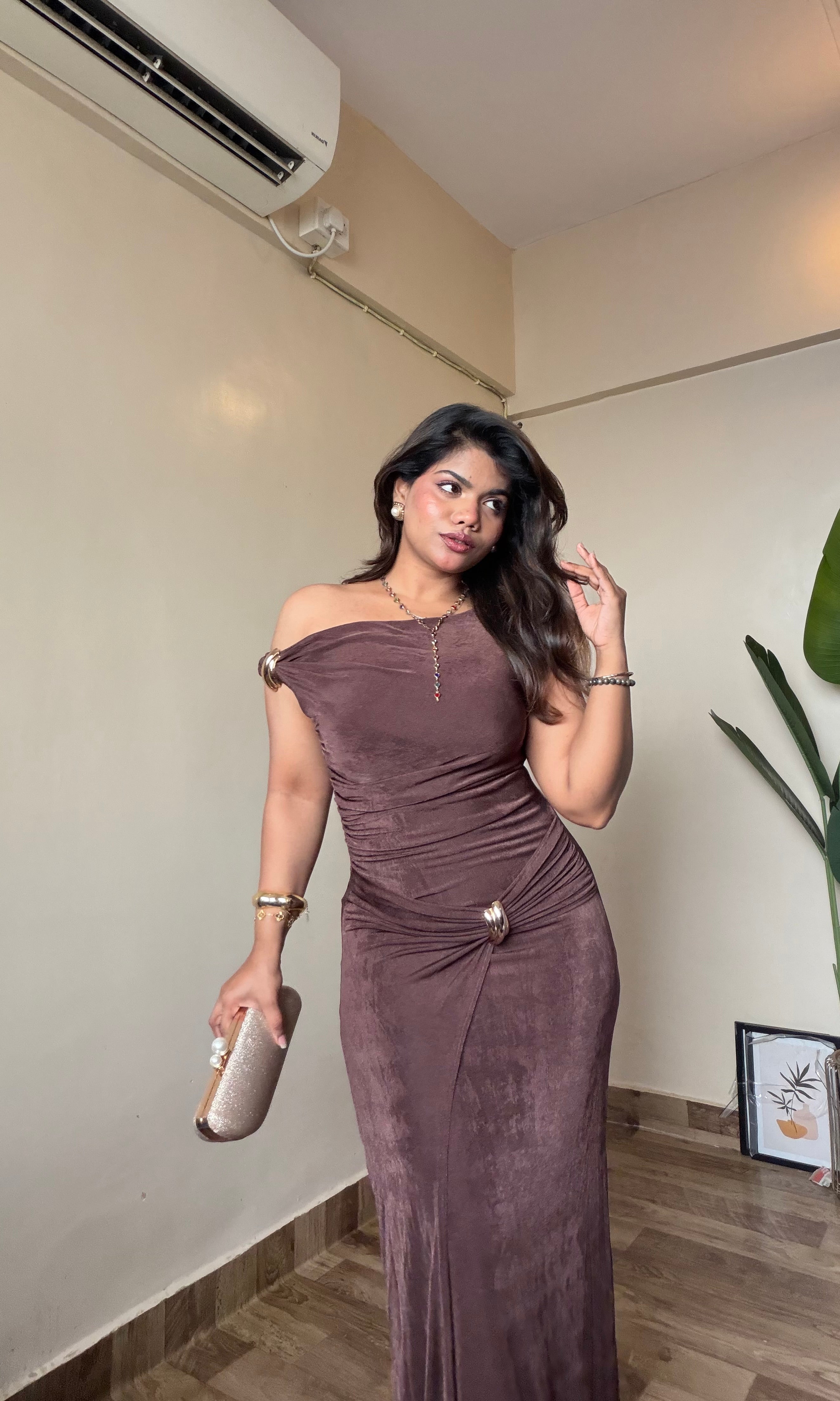 Brown One Shoulder Draped Ruched Dress