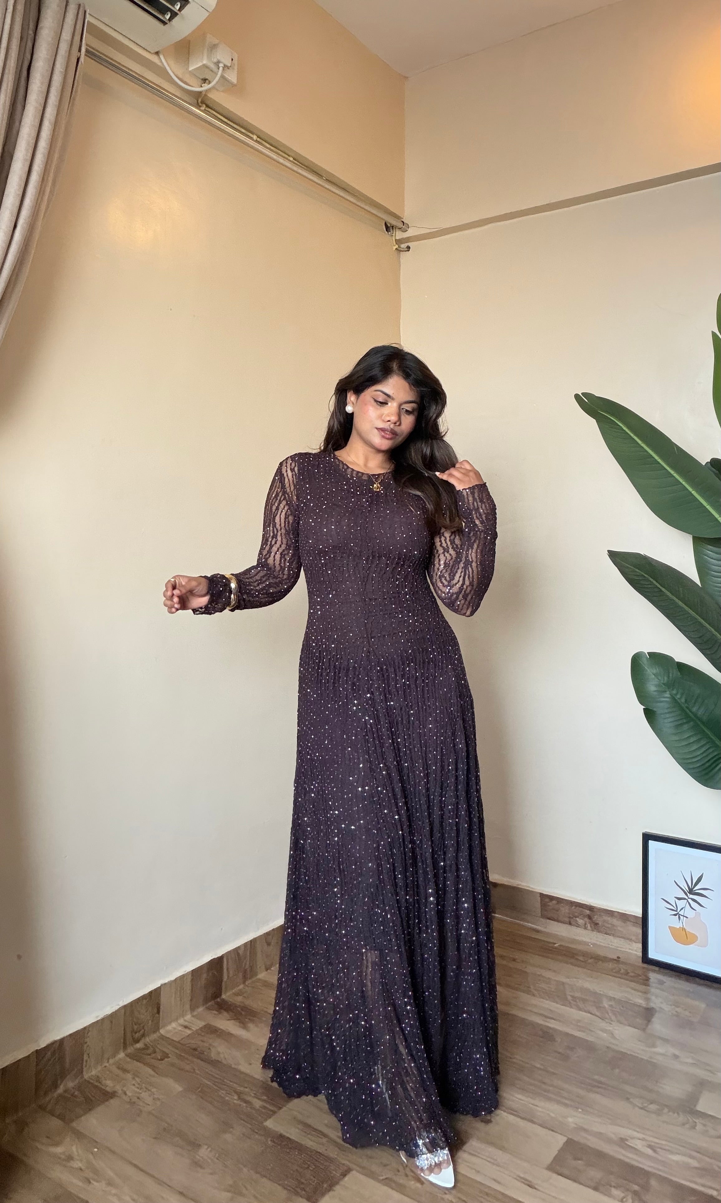 Brown Embellished Sparkle Gown Dress