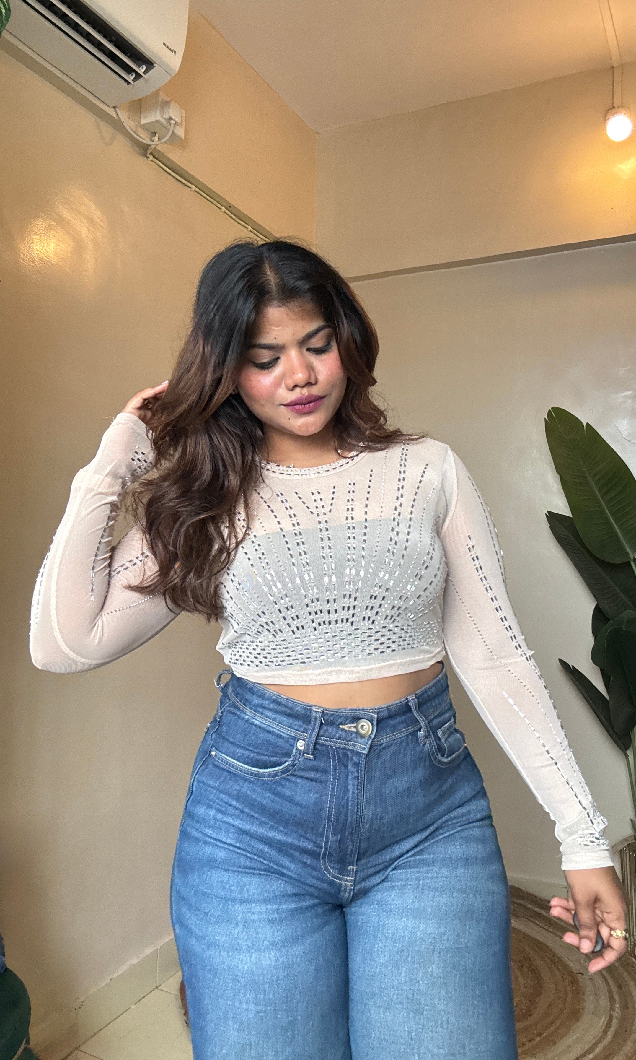 Beige Diamond Mesh Top