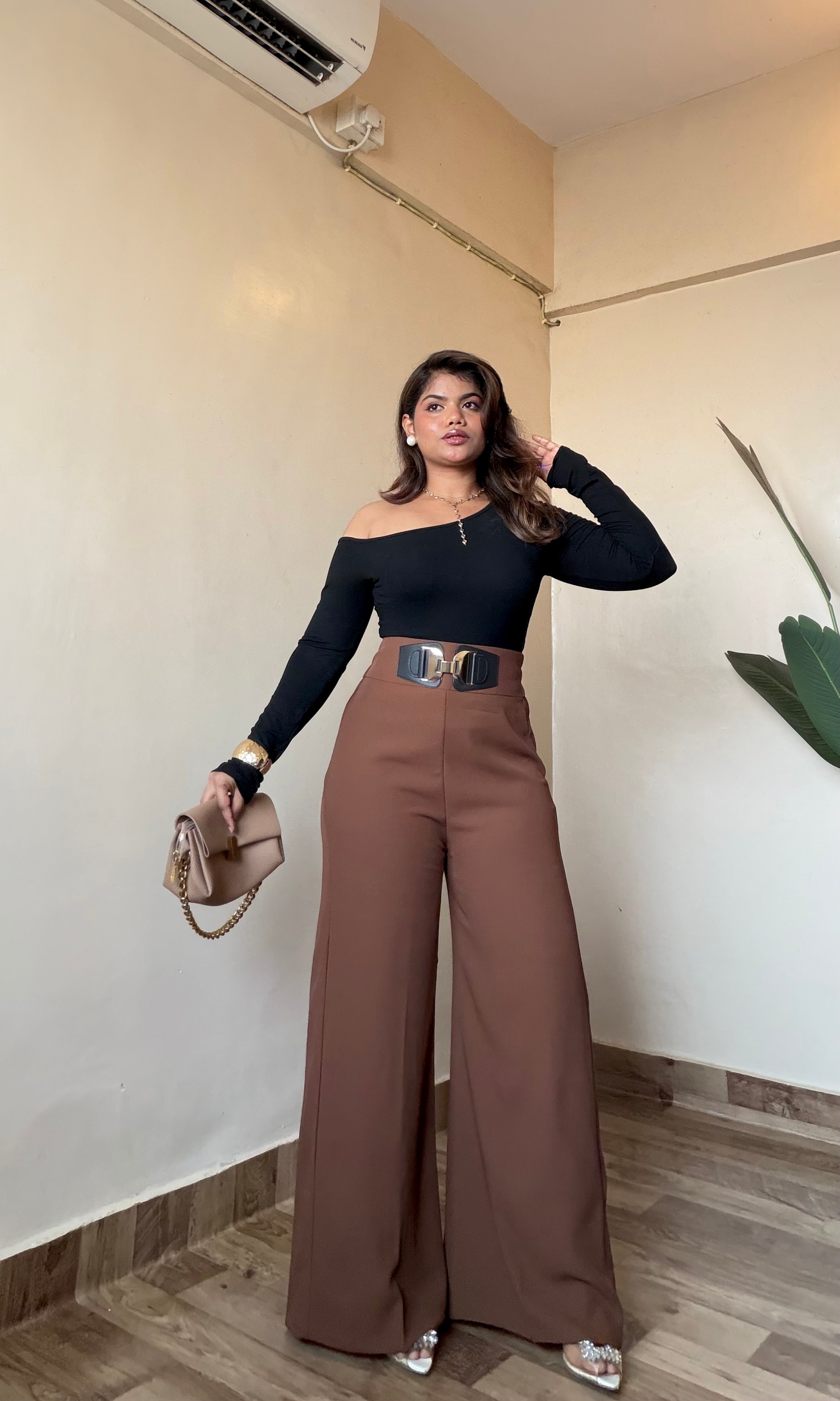 Premium Rusty Brown Buckle Detailing Wide Leg Trouser