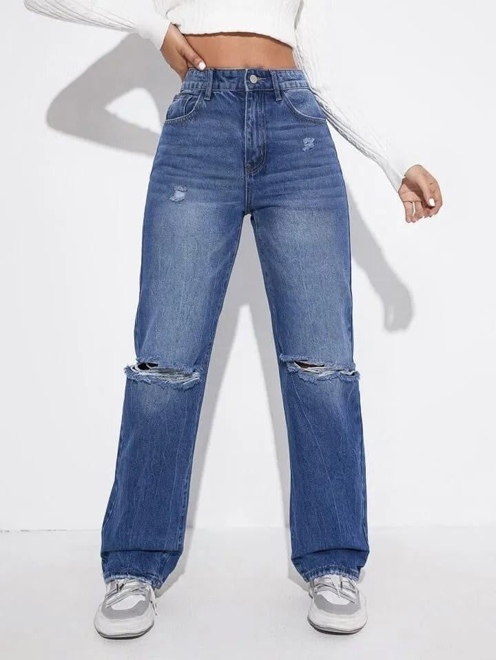 Stone Blue High Waist Ripped Wide Leg Jeans
