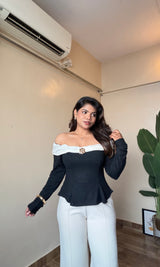 Ruffle Off Shoulder Top With Metallic Rose Broch