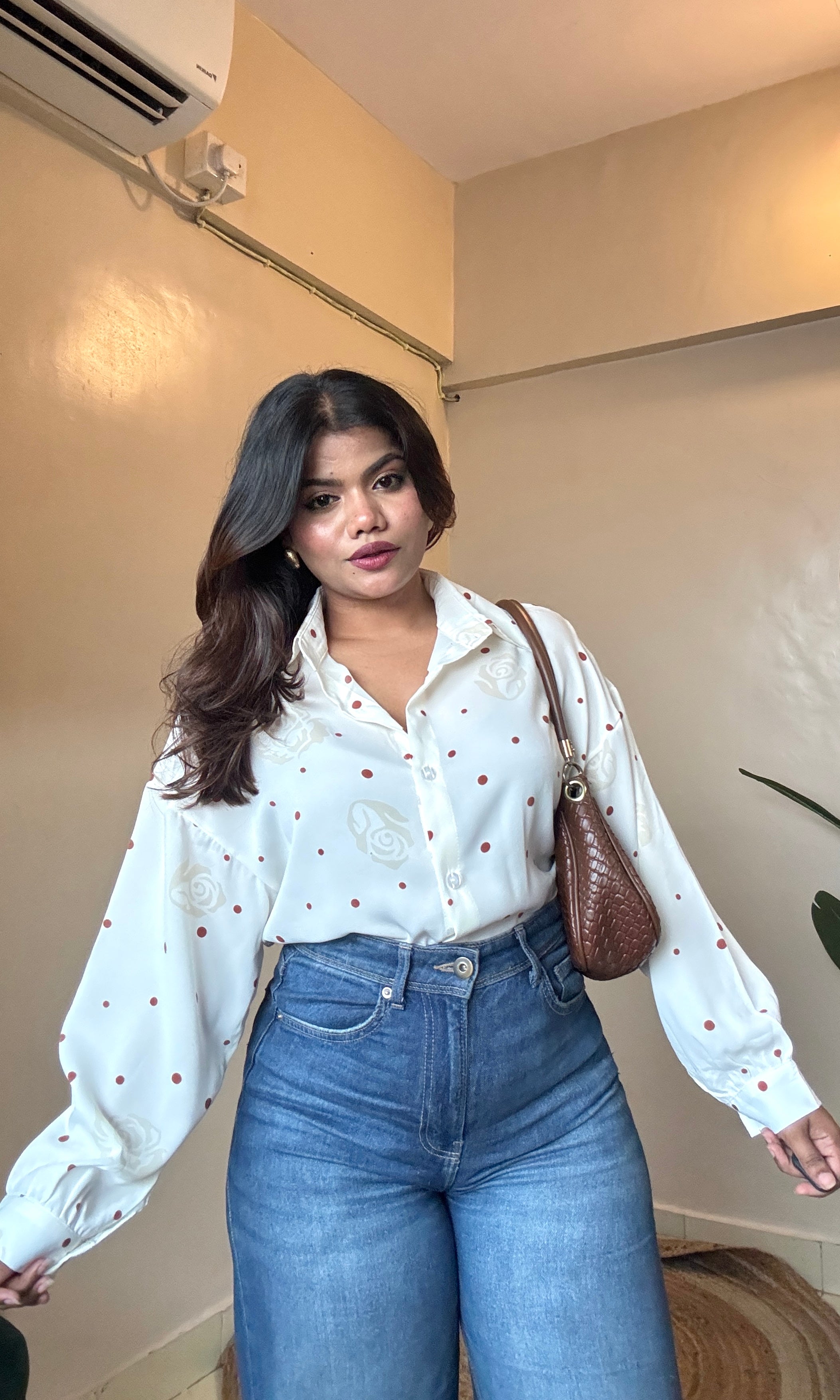 White Polka Dot Printed Imported Shirt