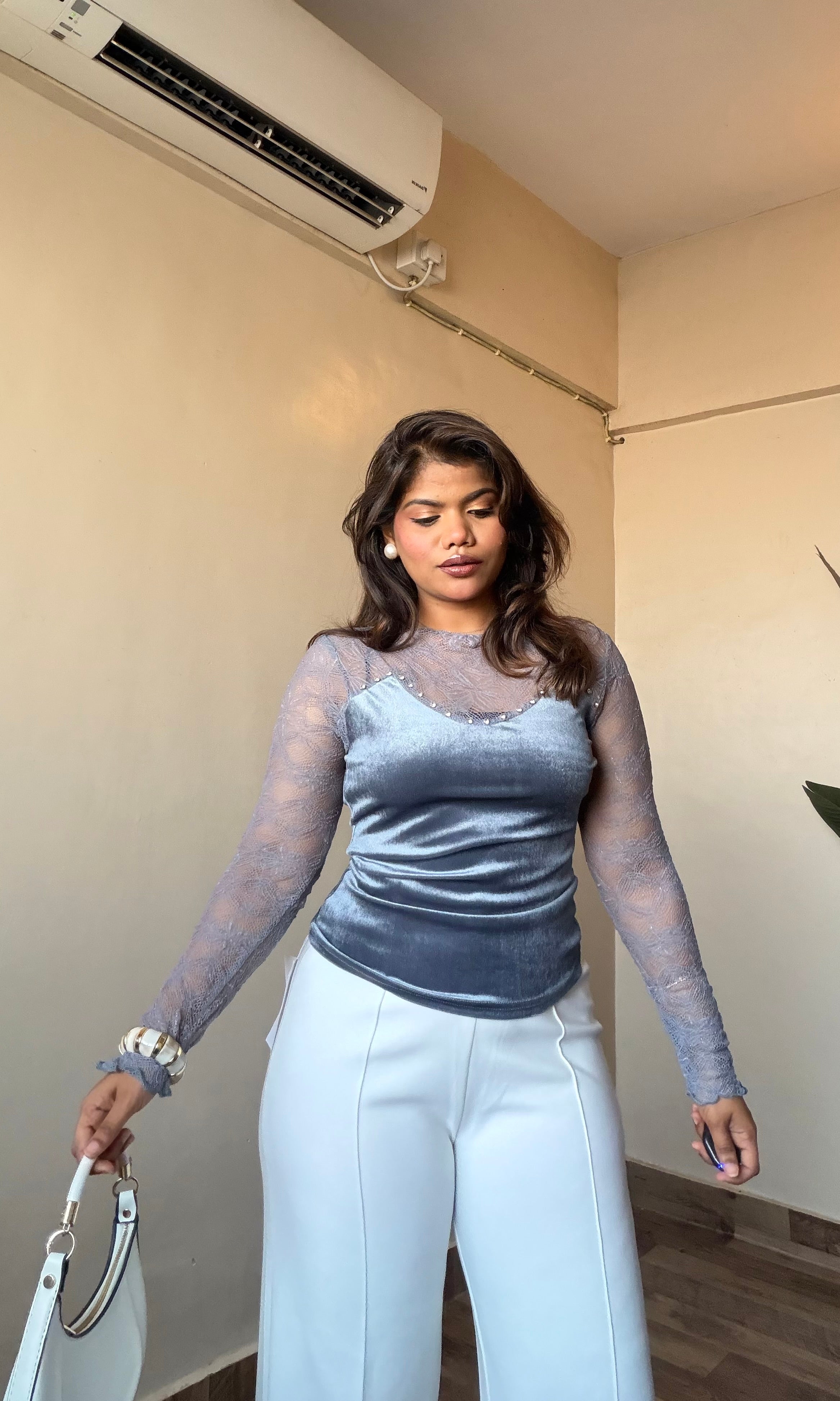 Velvet Mesh Lacy Sleeve Top
