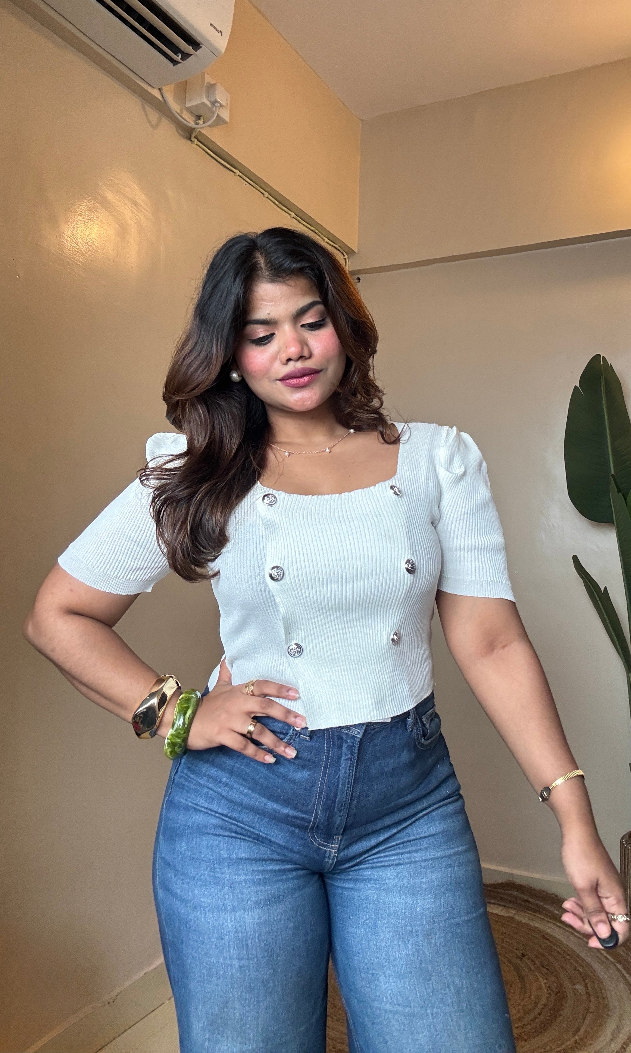 Korean Silver Button Detailing Top