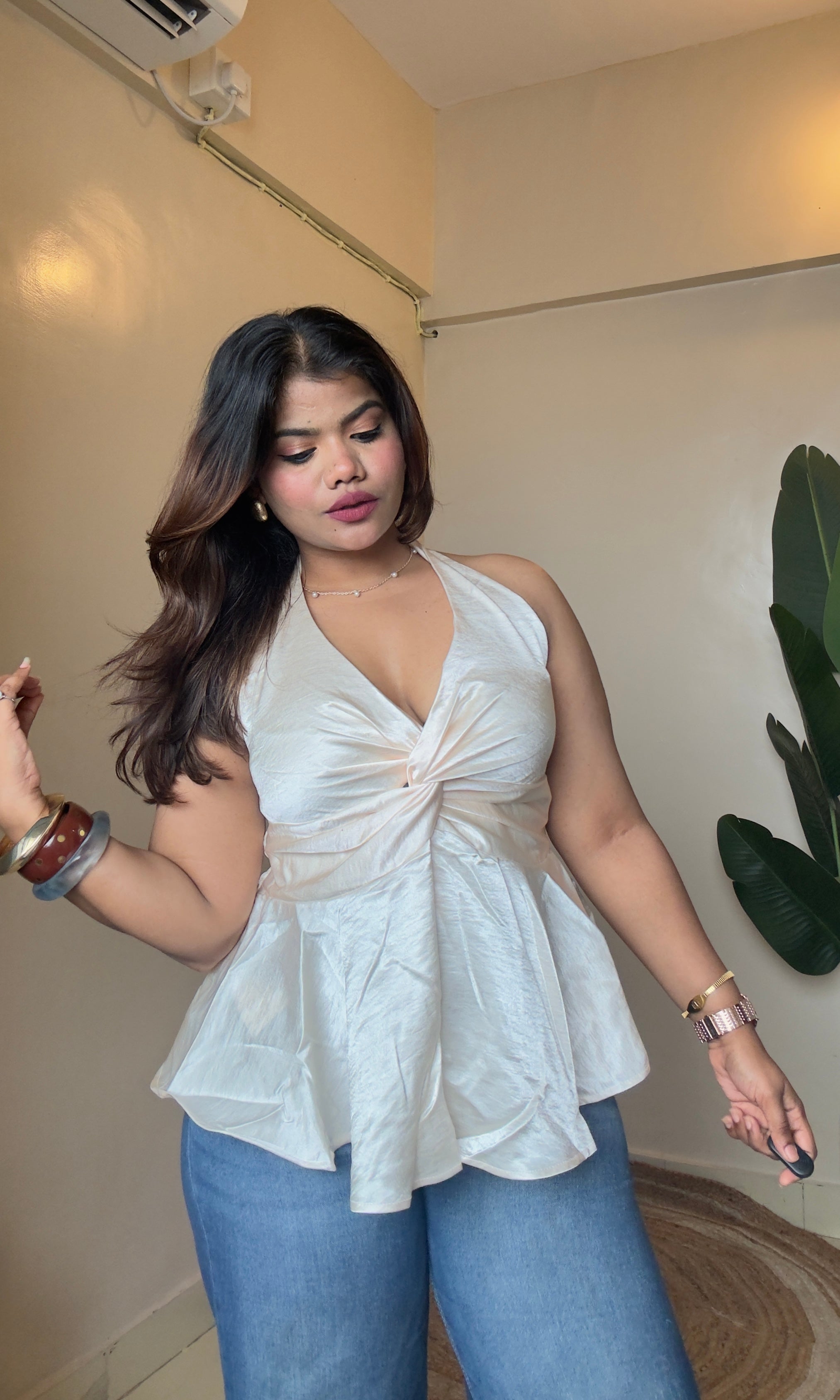 Halter Neck Satin Crossover Top