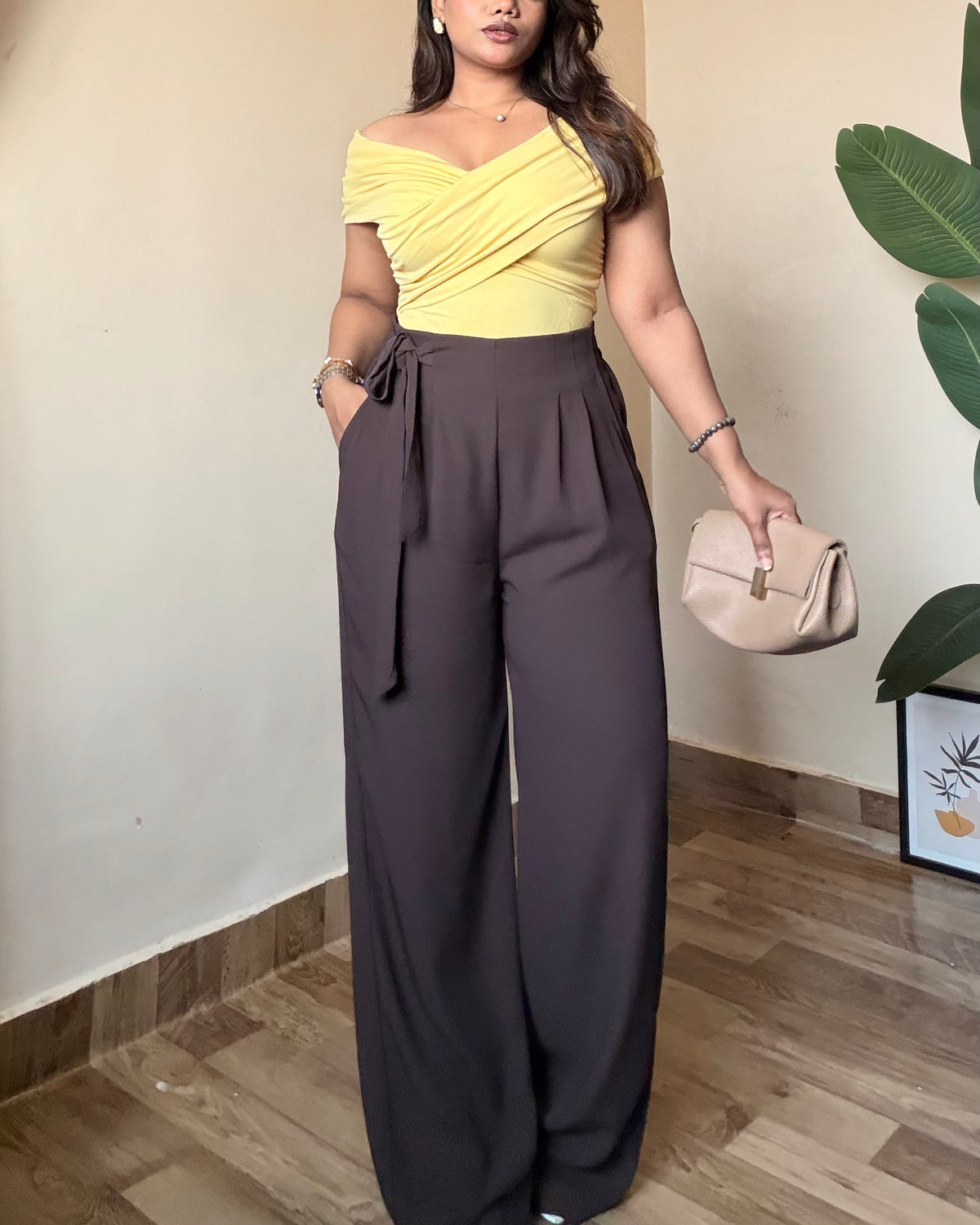 Brown Wide Leg Tie-Up Trouser