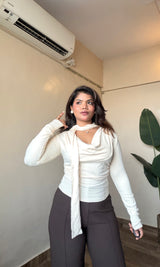 Cowl Neck-Ribbon Full Sleeve Top #9920