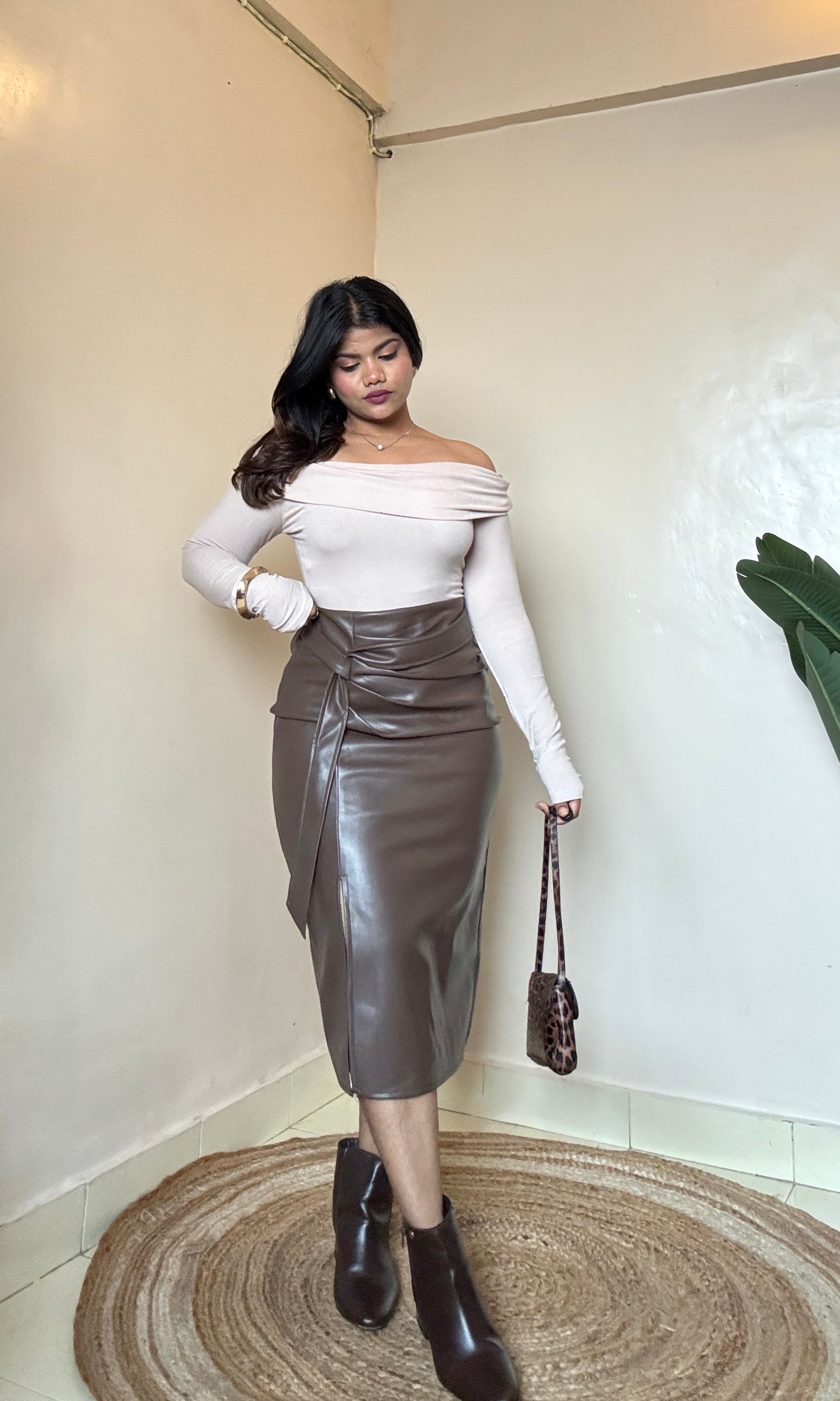 Premium Brown Leather Ruched Slit Cut Skirt