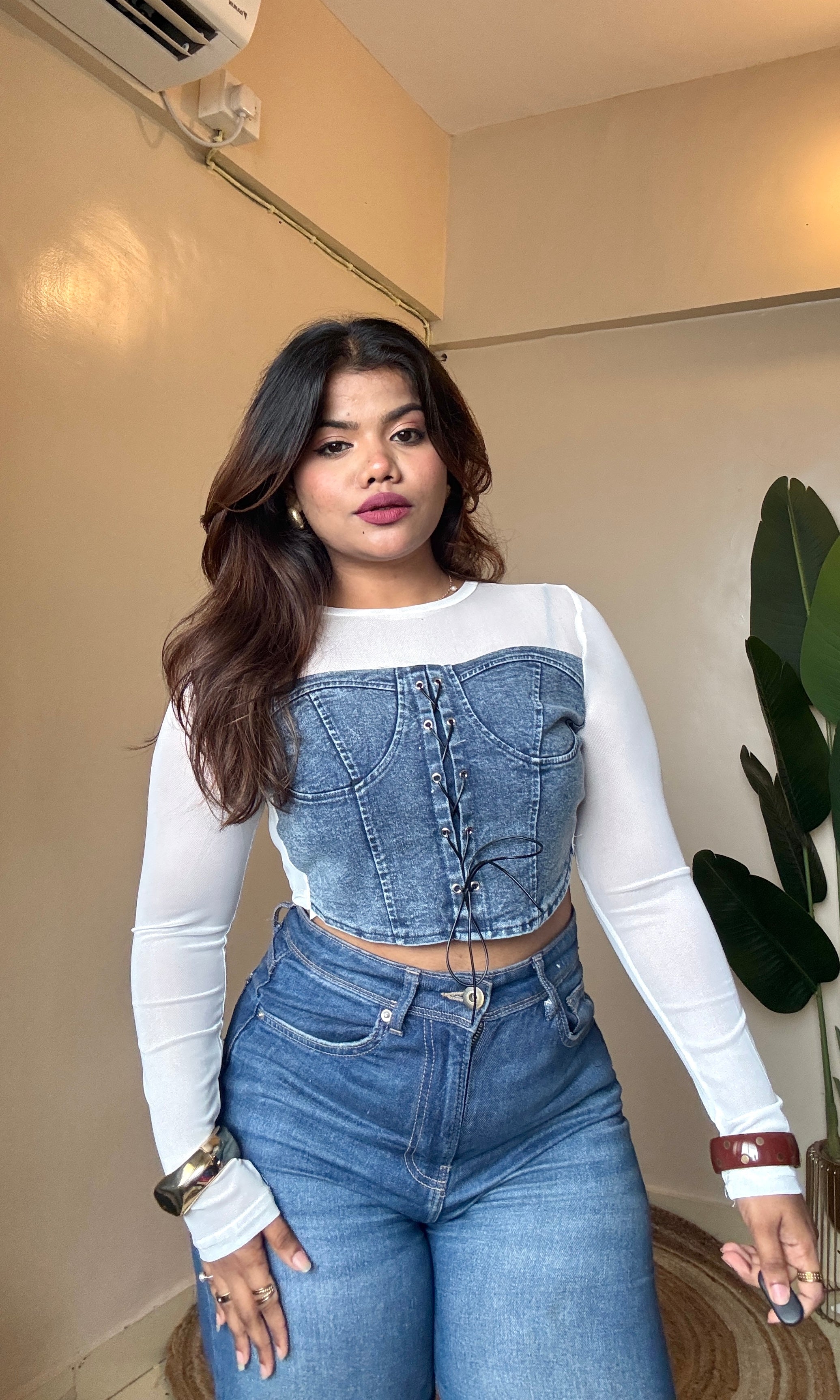 Denim Corset Mesh Top