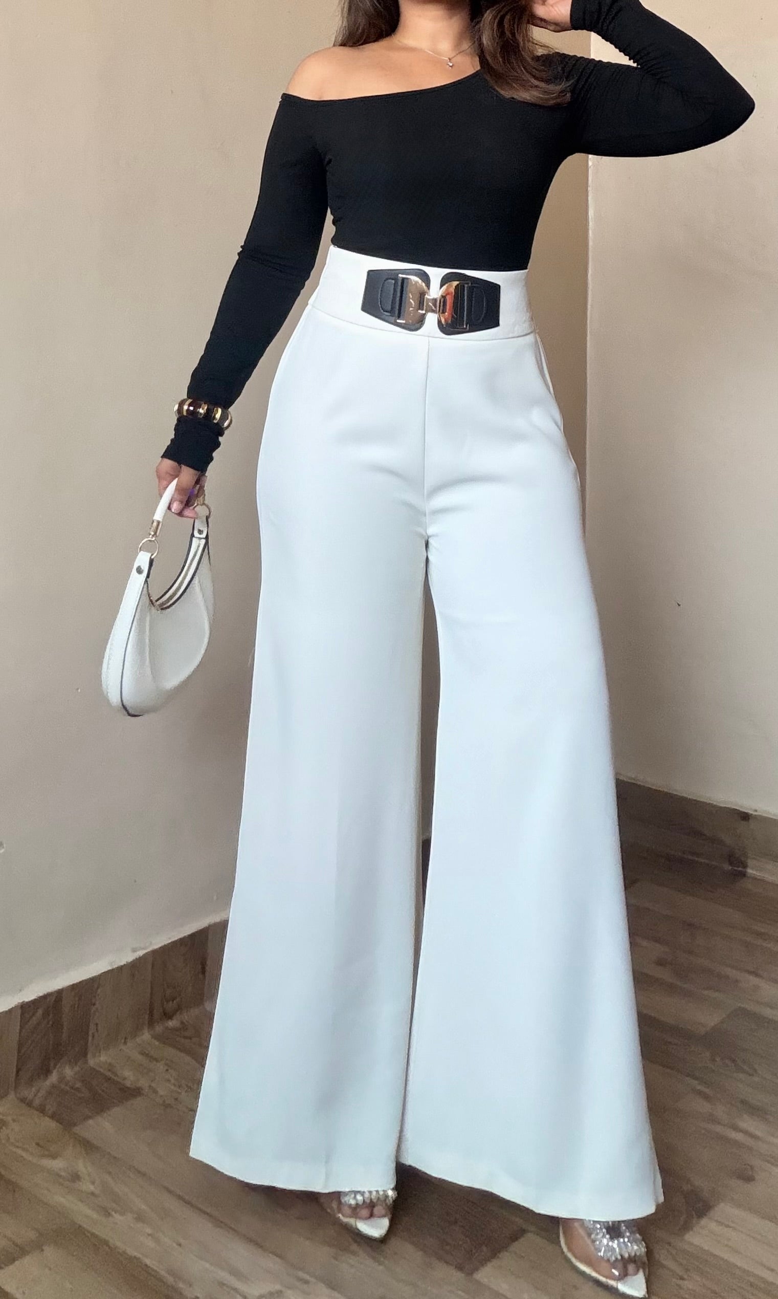 Premium White Buckle Detailing Wide Leg Trouser