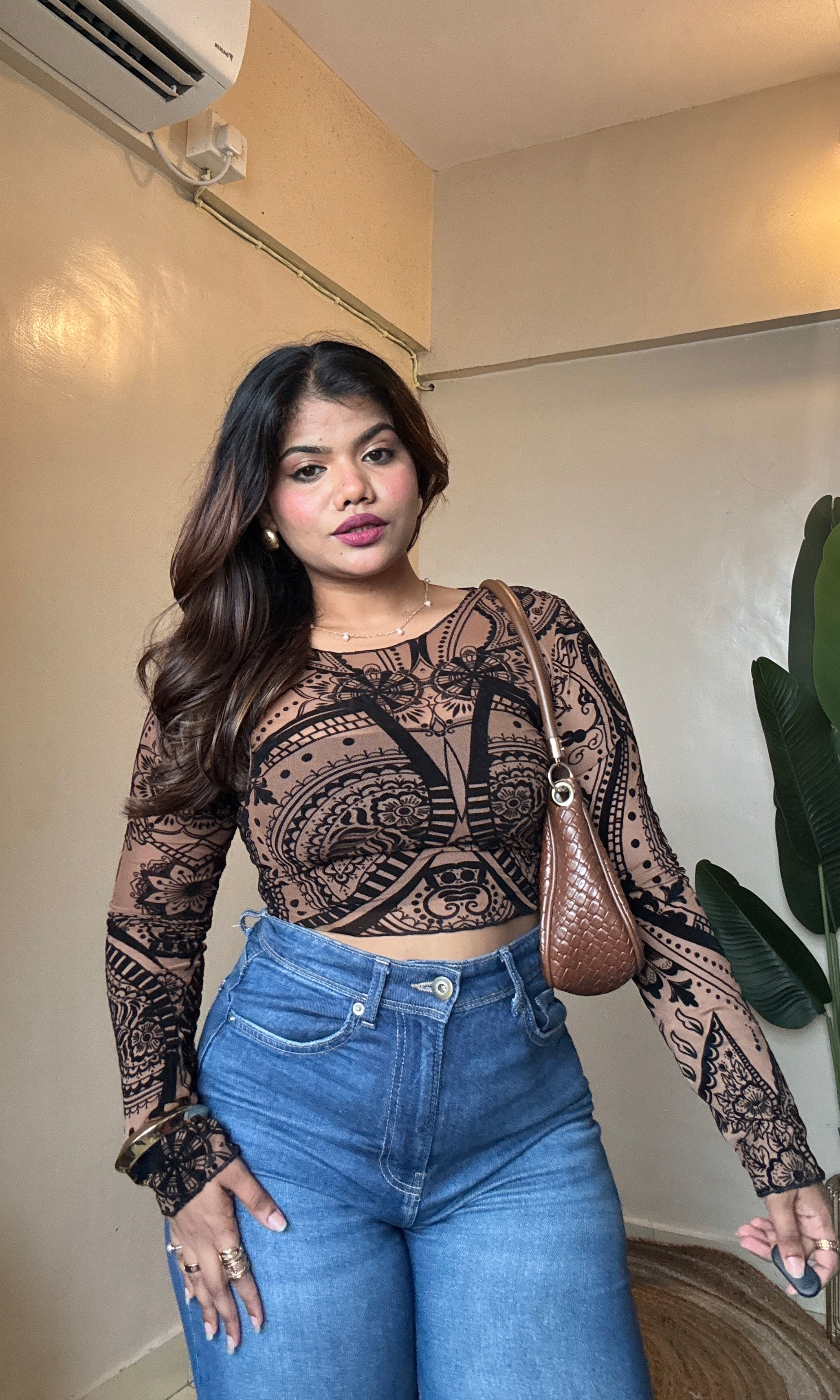 Velvet Barque Print Mesh Top With Inner