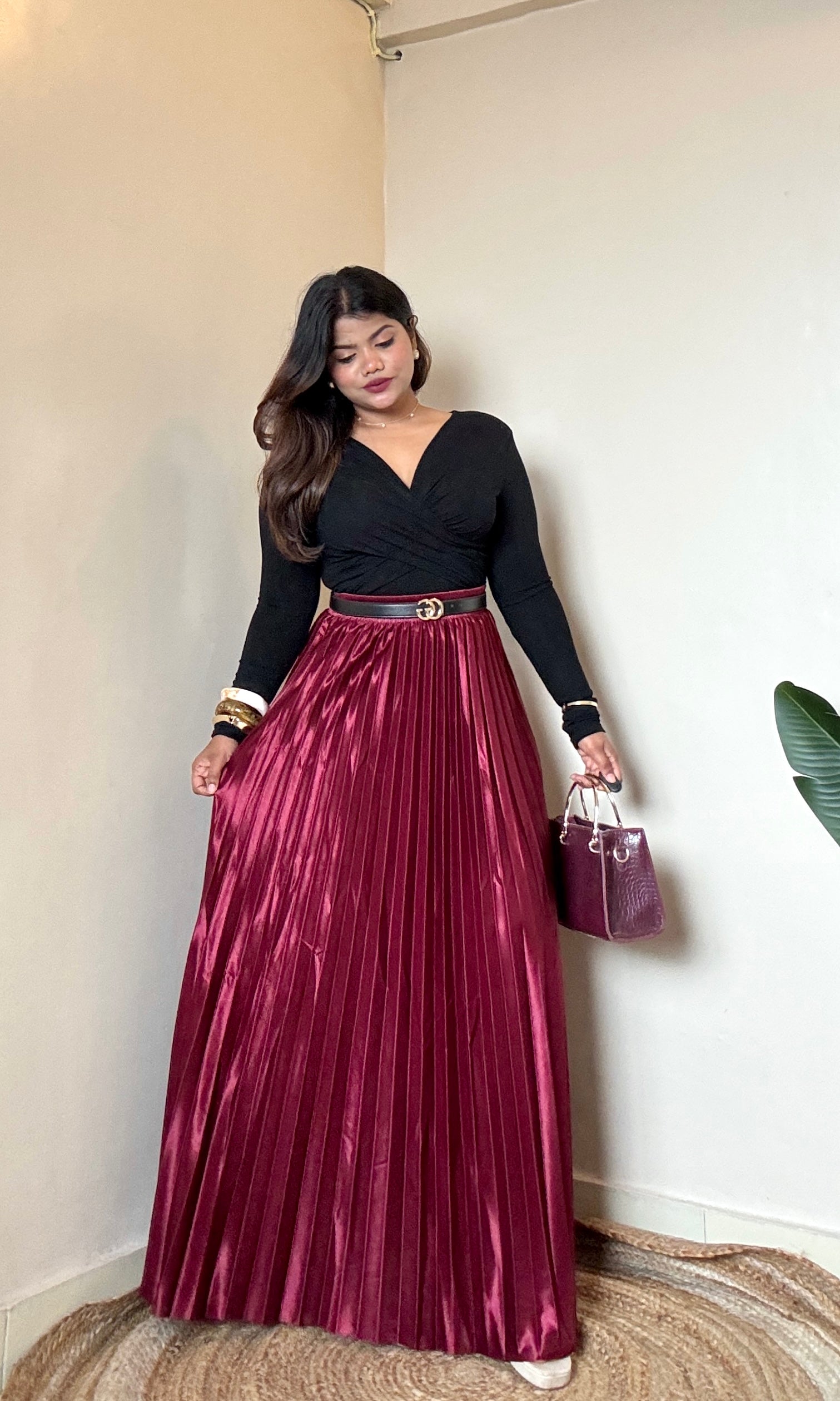 Premium Wine Satin Pleated Skirt