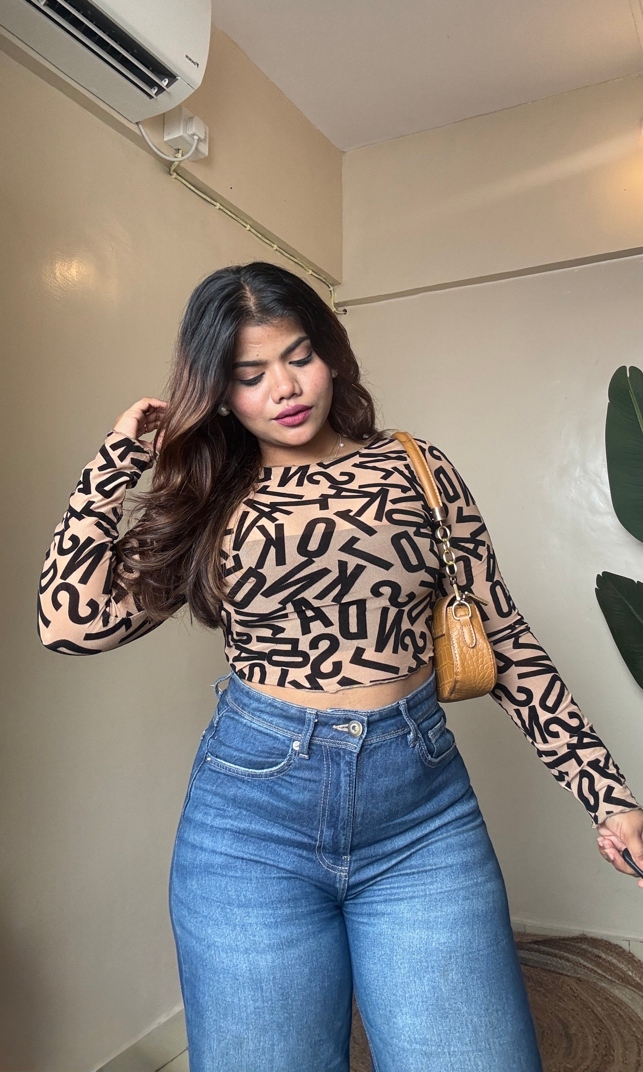 Alphabet Velvet Work Mesh Top With Inner