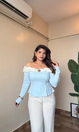 Ruffle Off Shoulder Top With Metallic Rose Broch