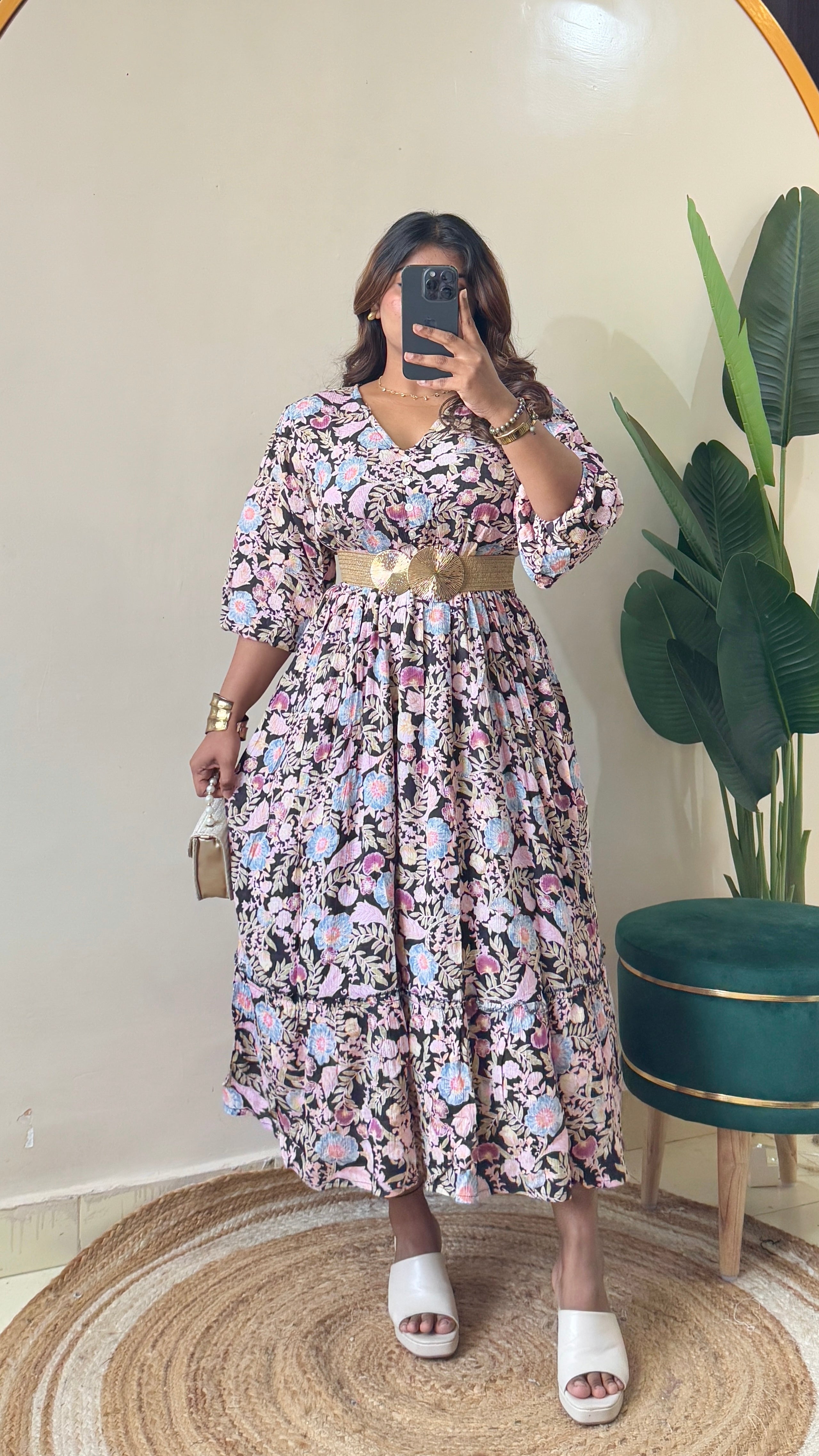 Floral Printed Puffy Sleeves Dress With Belt