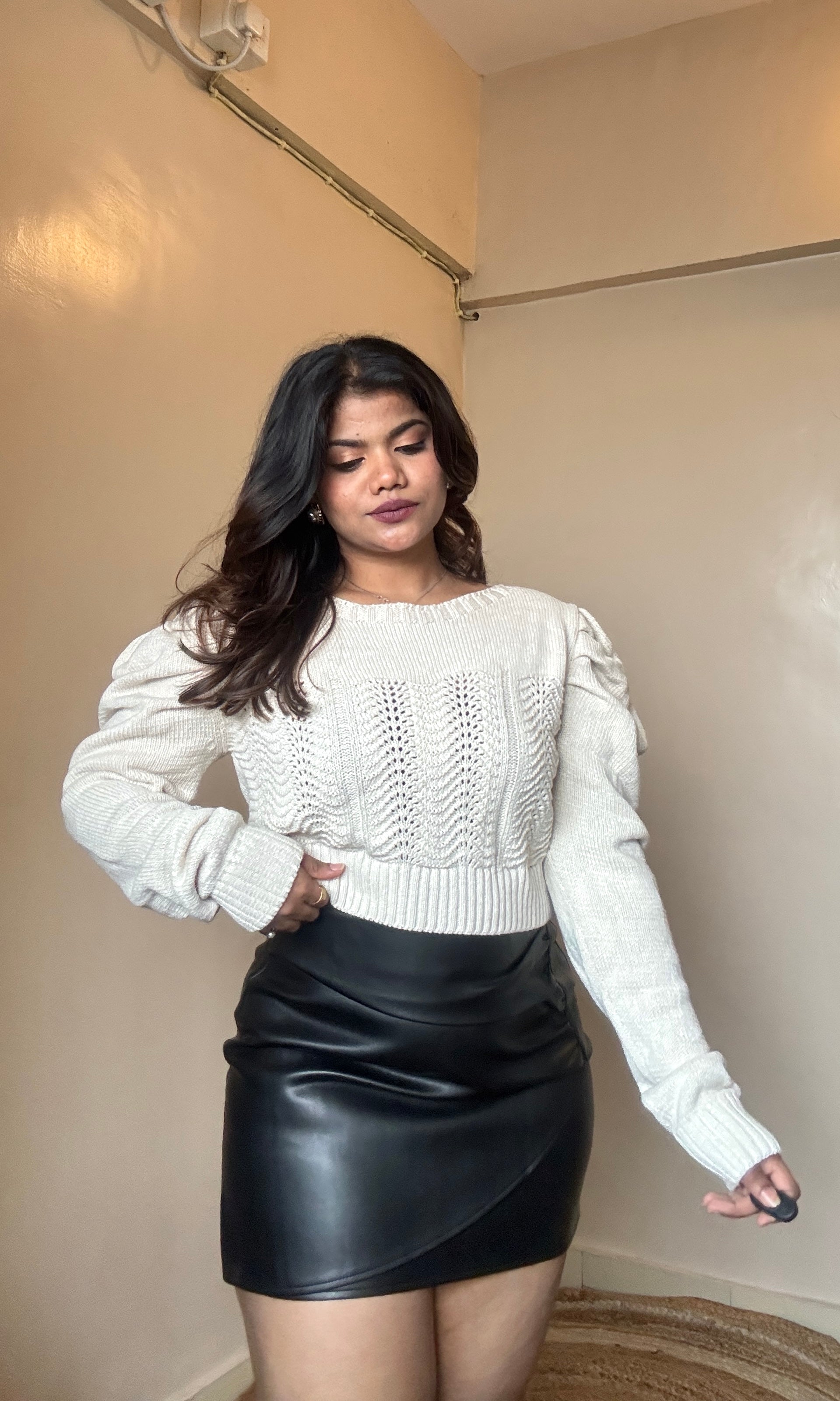 Beige Puffy Sleeve Knit Pullover