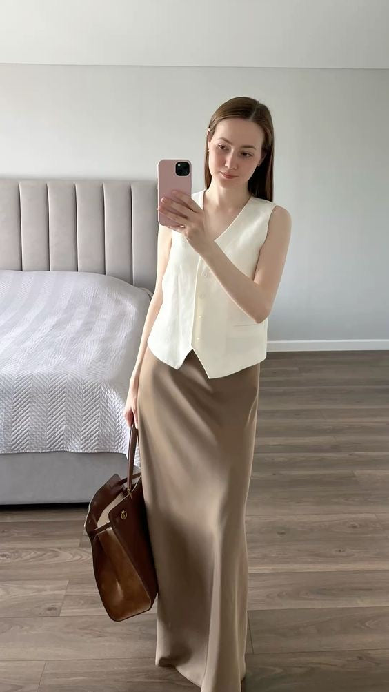Premium Beige Taupe Satin Skirt