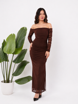 Brown Slit Cut Mesh Dress