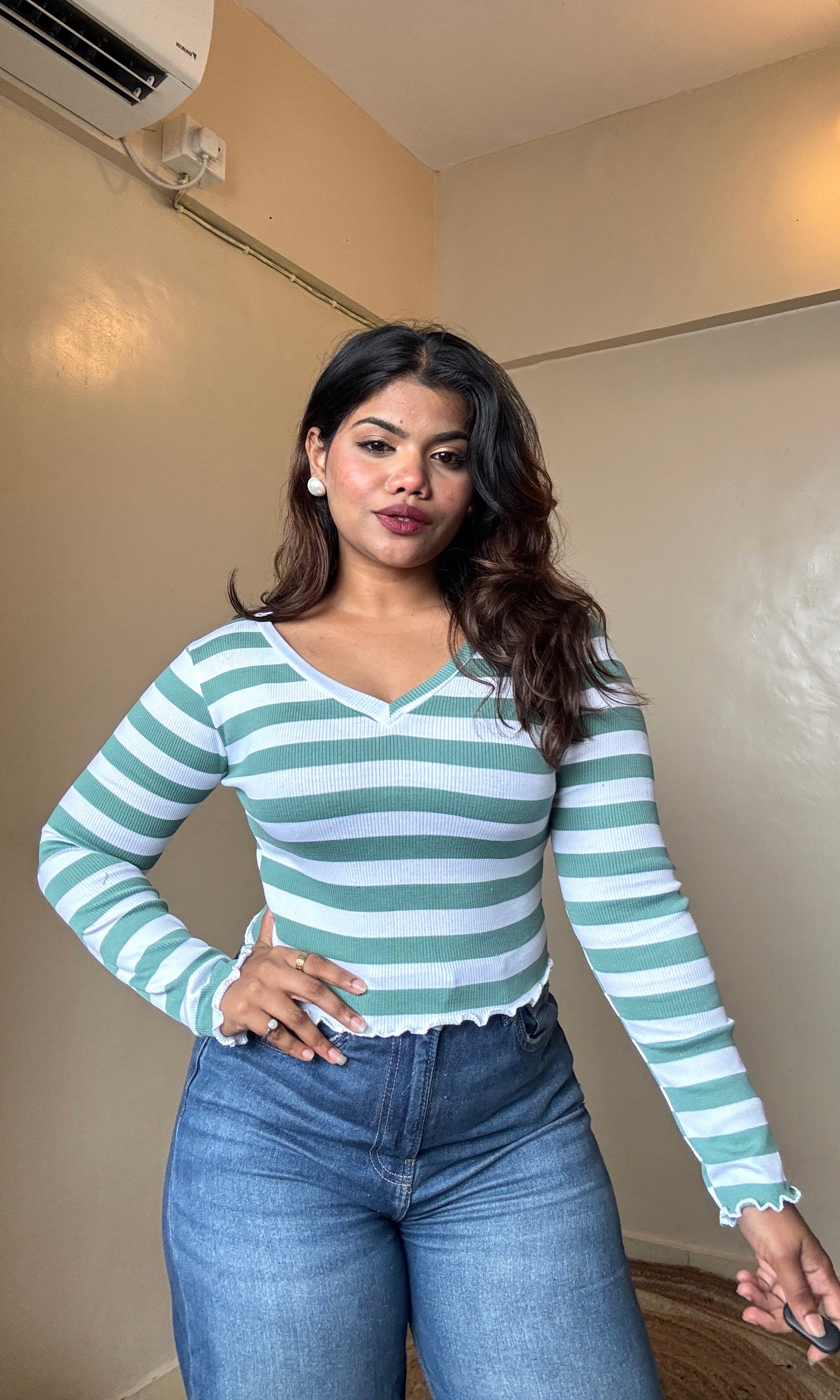 V Neck Striped Crop Top