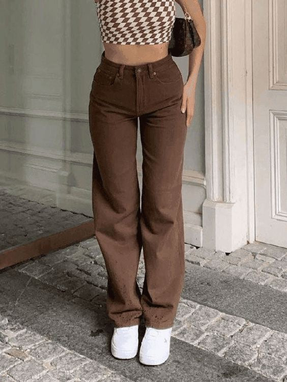 Brown High Waist Wide Leg Jeans