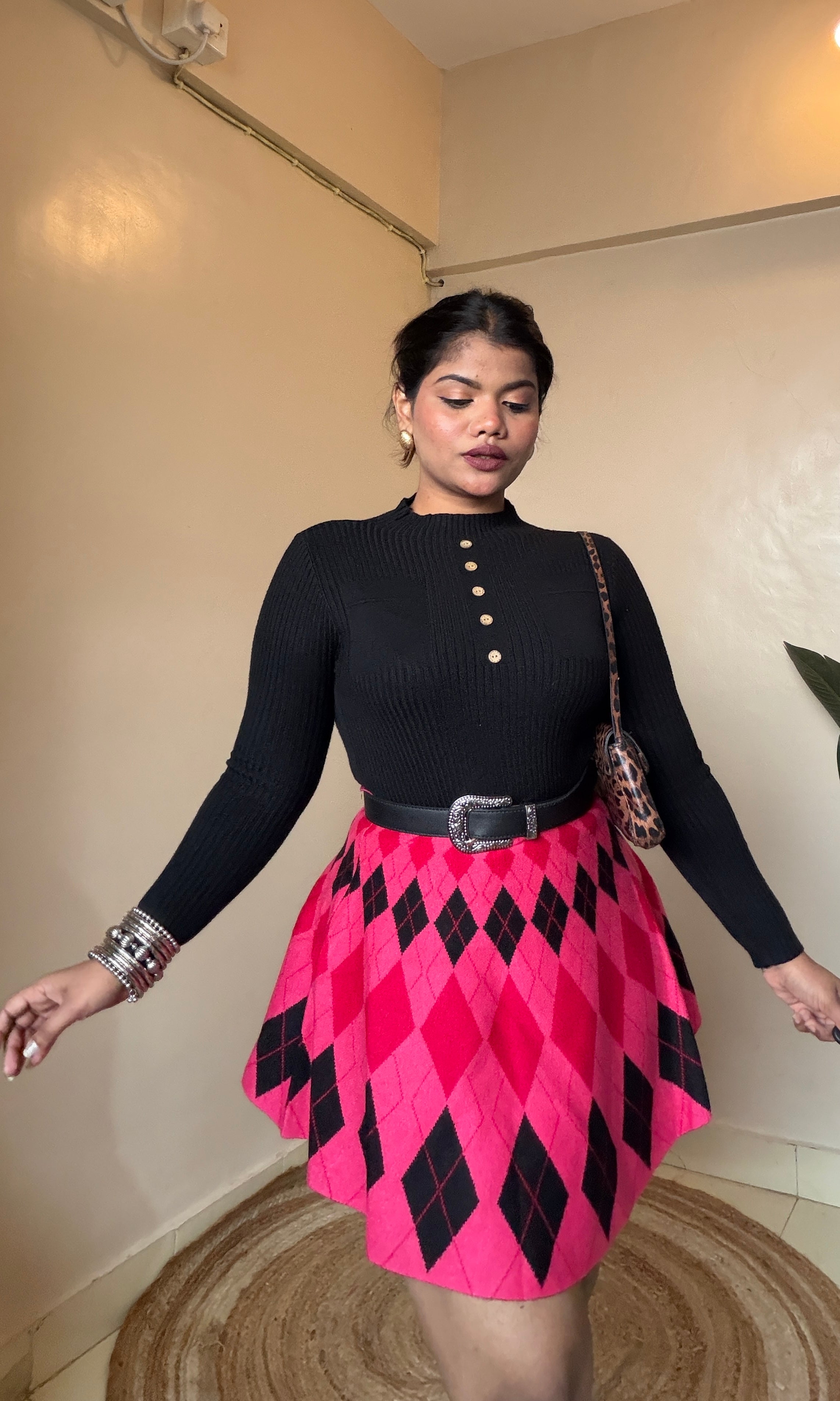 Red pink diamond Check skater Skirts