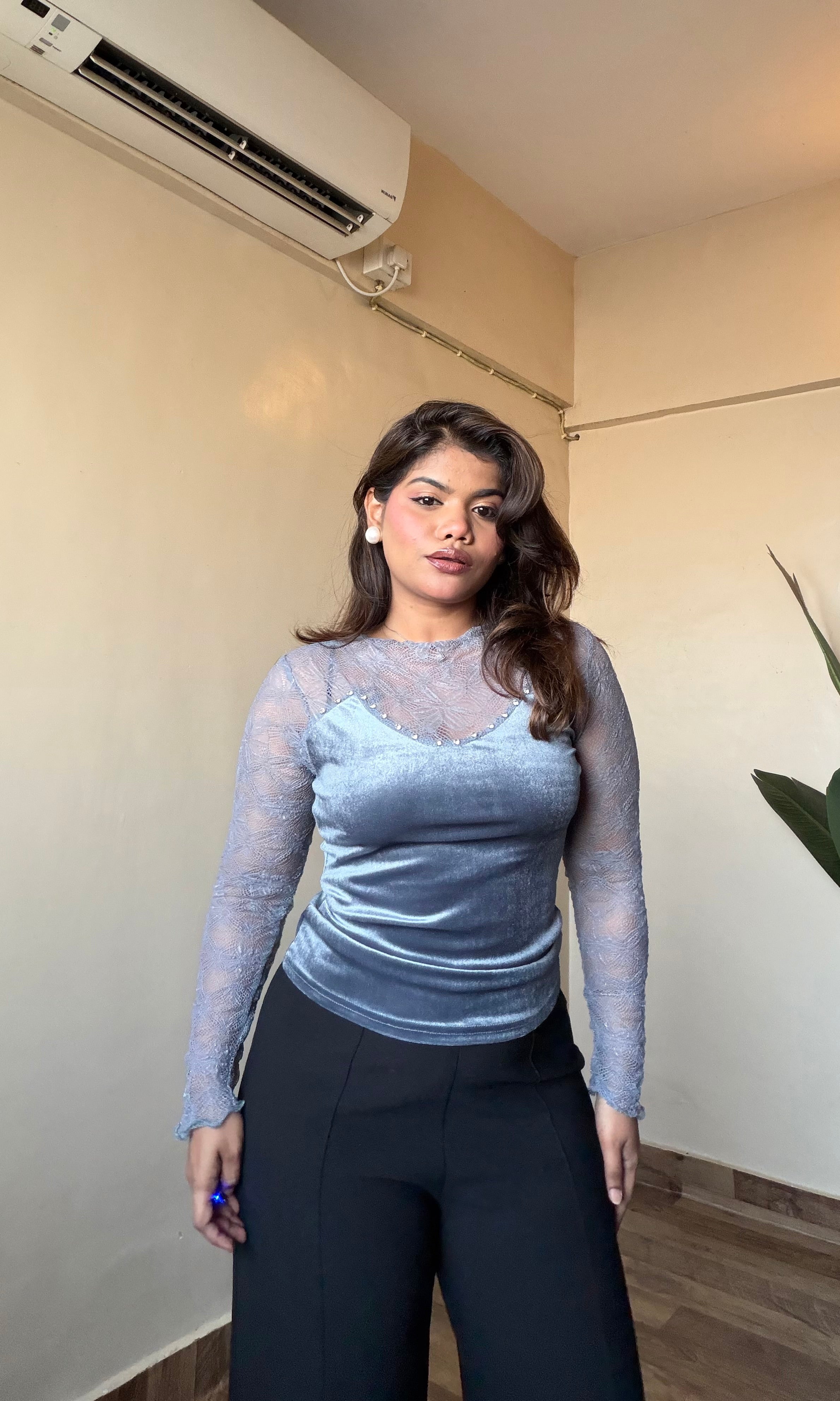 Velvet Mesh Lacy Sleeve Top