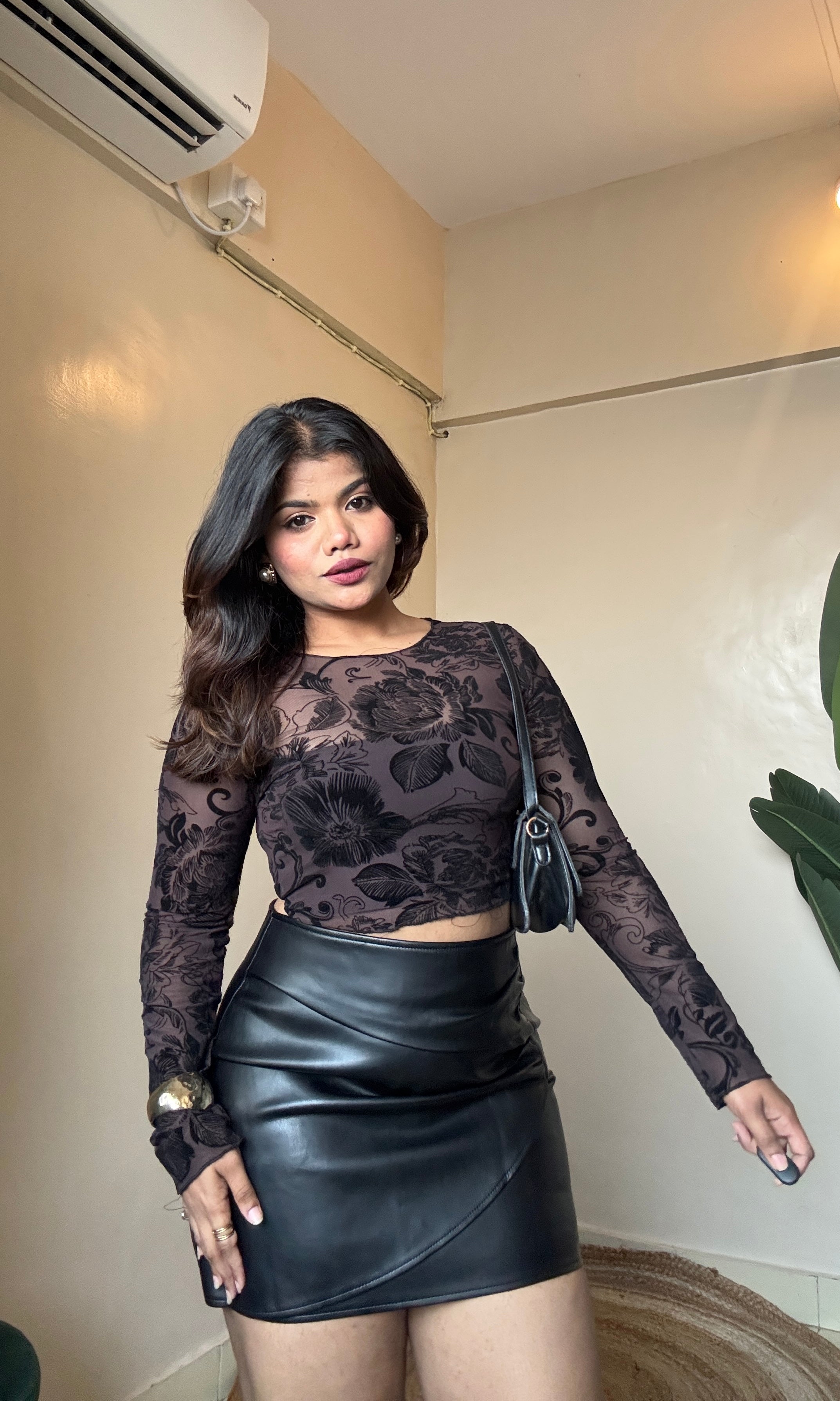 Floral Velvet Print Sheer Mesh Top With Inner-3