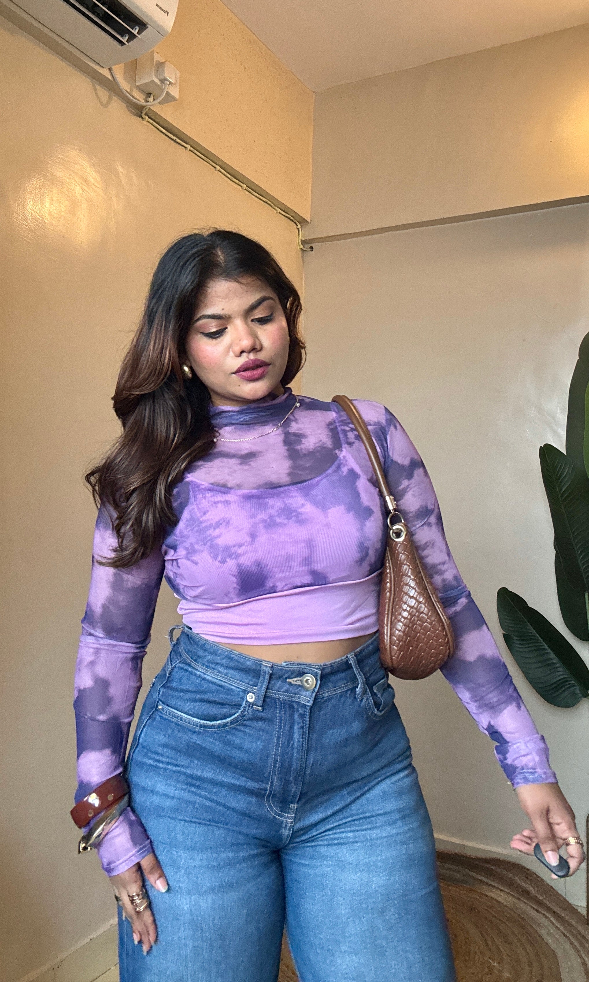Purple Marble Print Mesh Padded Top