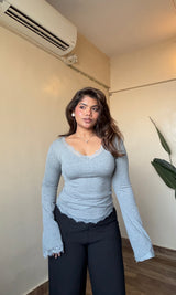 V Neck Lace Detailing Bodyfitted Top #2676