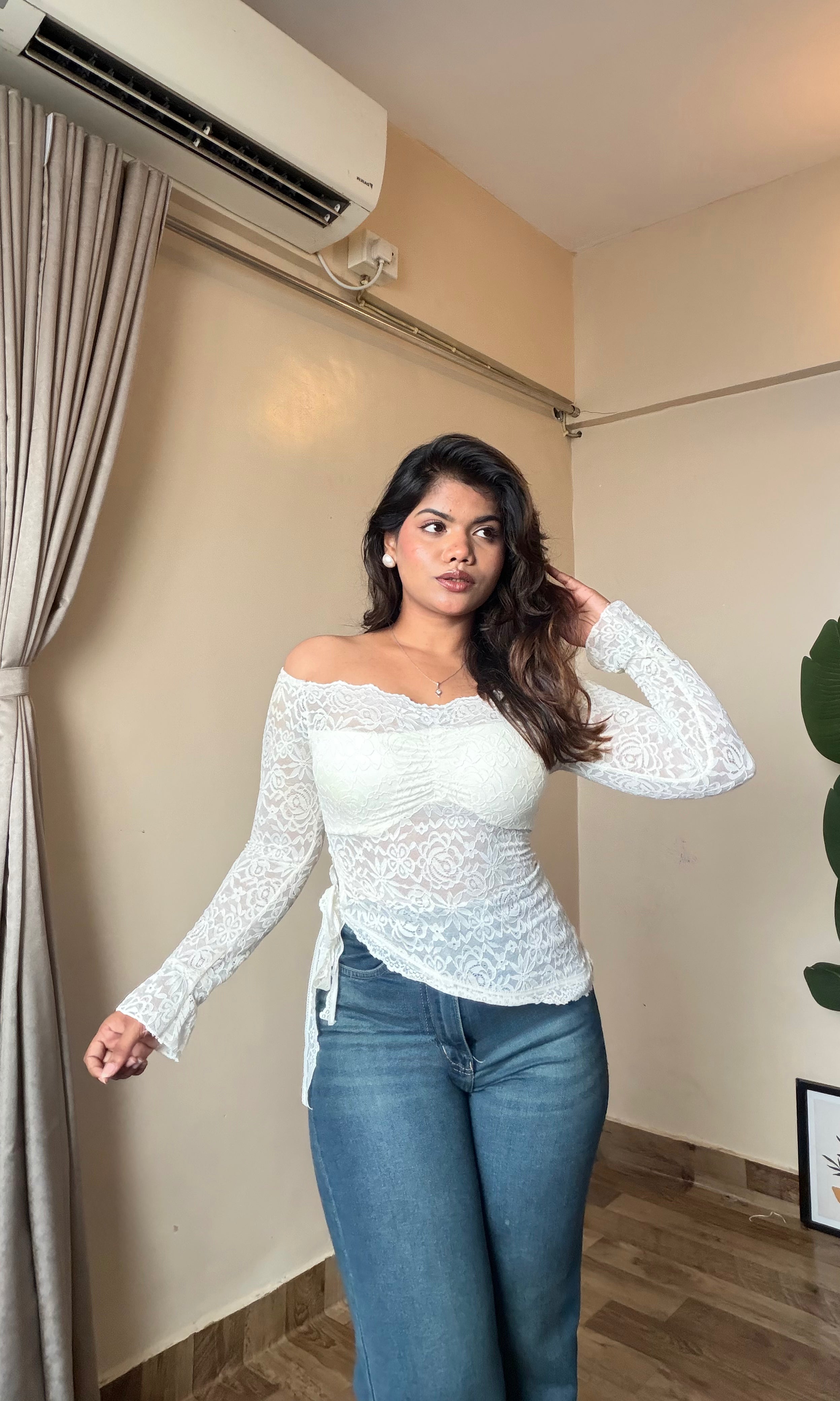 Lace Mesh Off-Shoulder Top