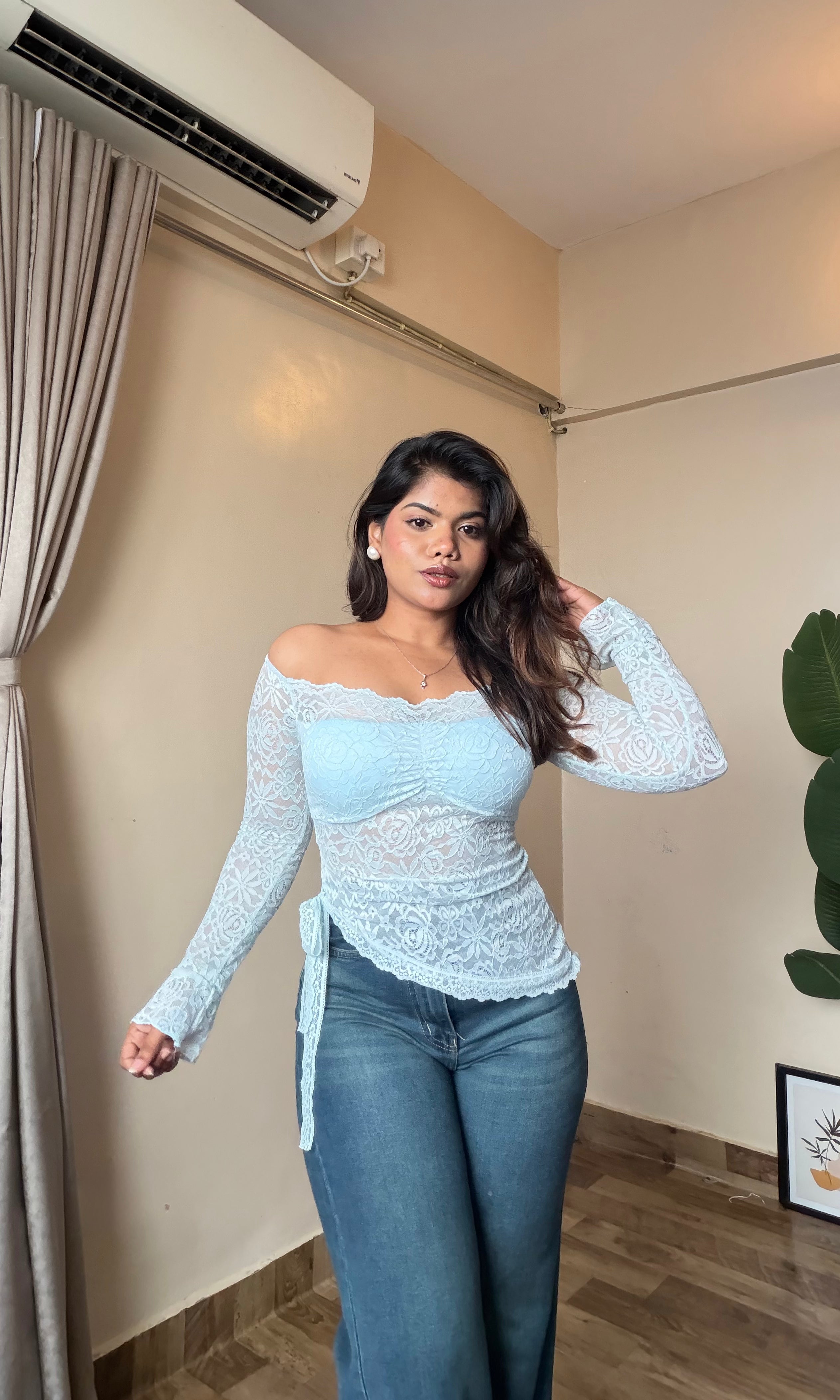 Lace Mesh Off-Shoulder Top