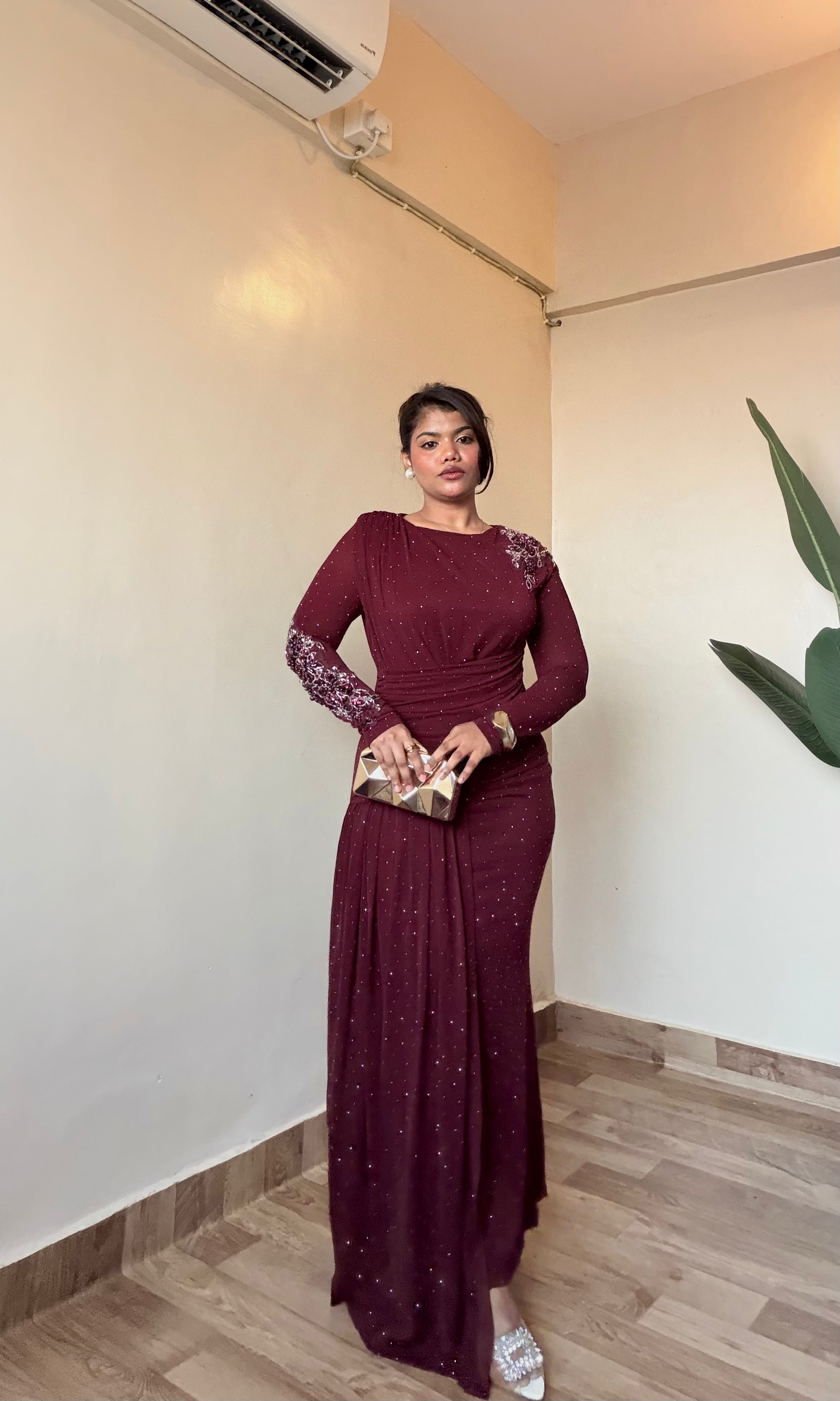 Premium Embellished Draped Power Net Dress