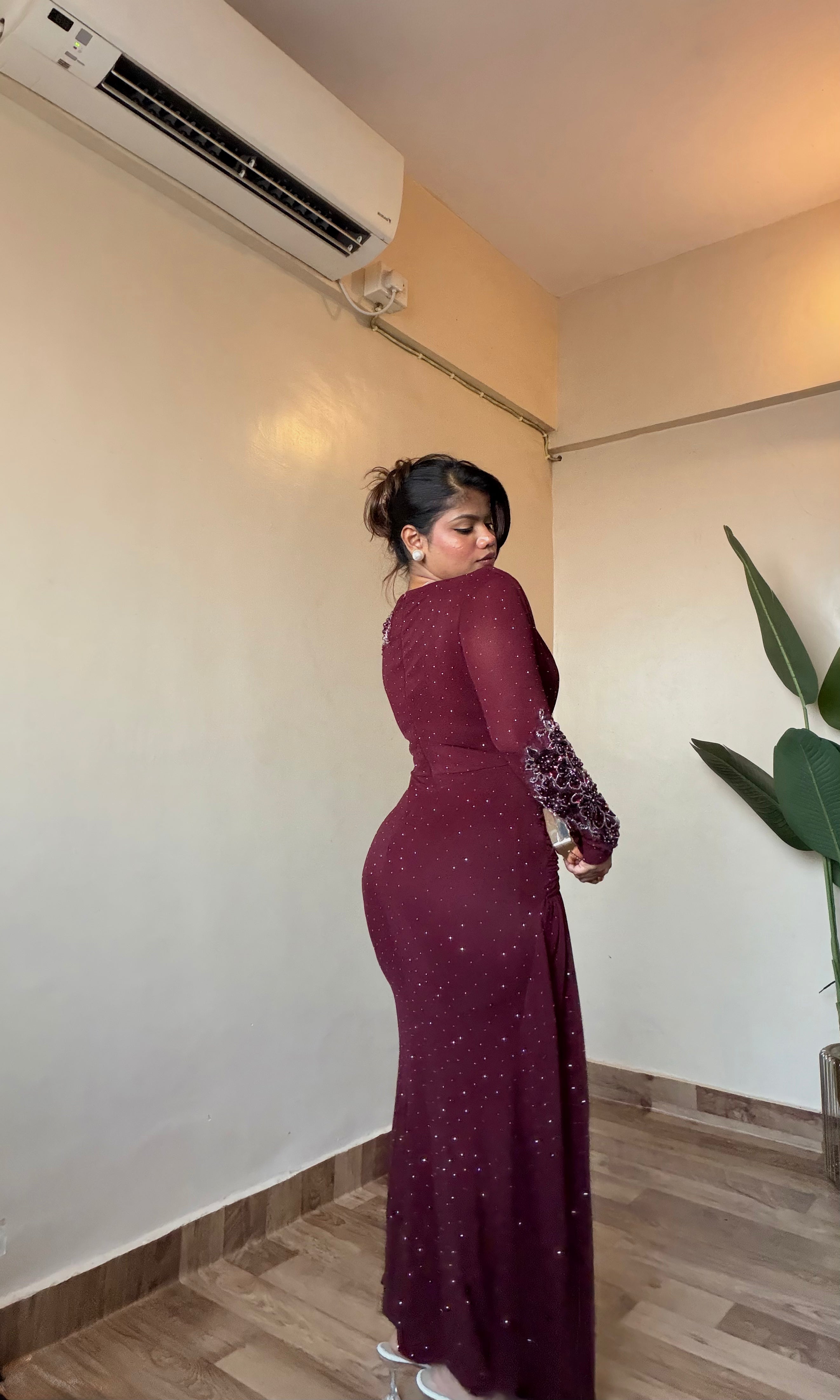 Premium Embellished Draped Power Net Dress – Burgundy Bae