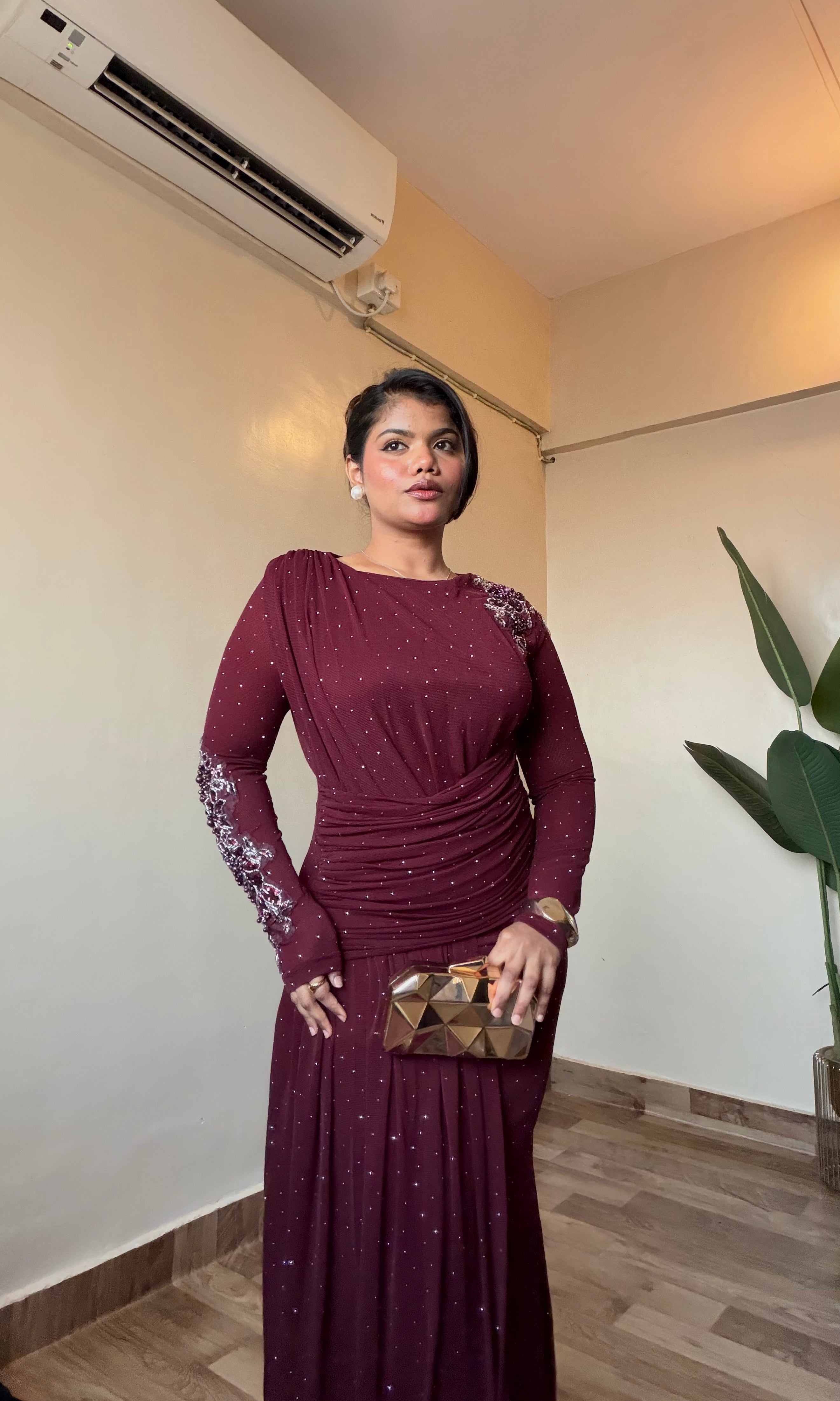 Premium Embellished Draped Power Net Dress