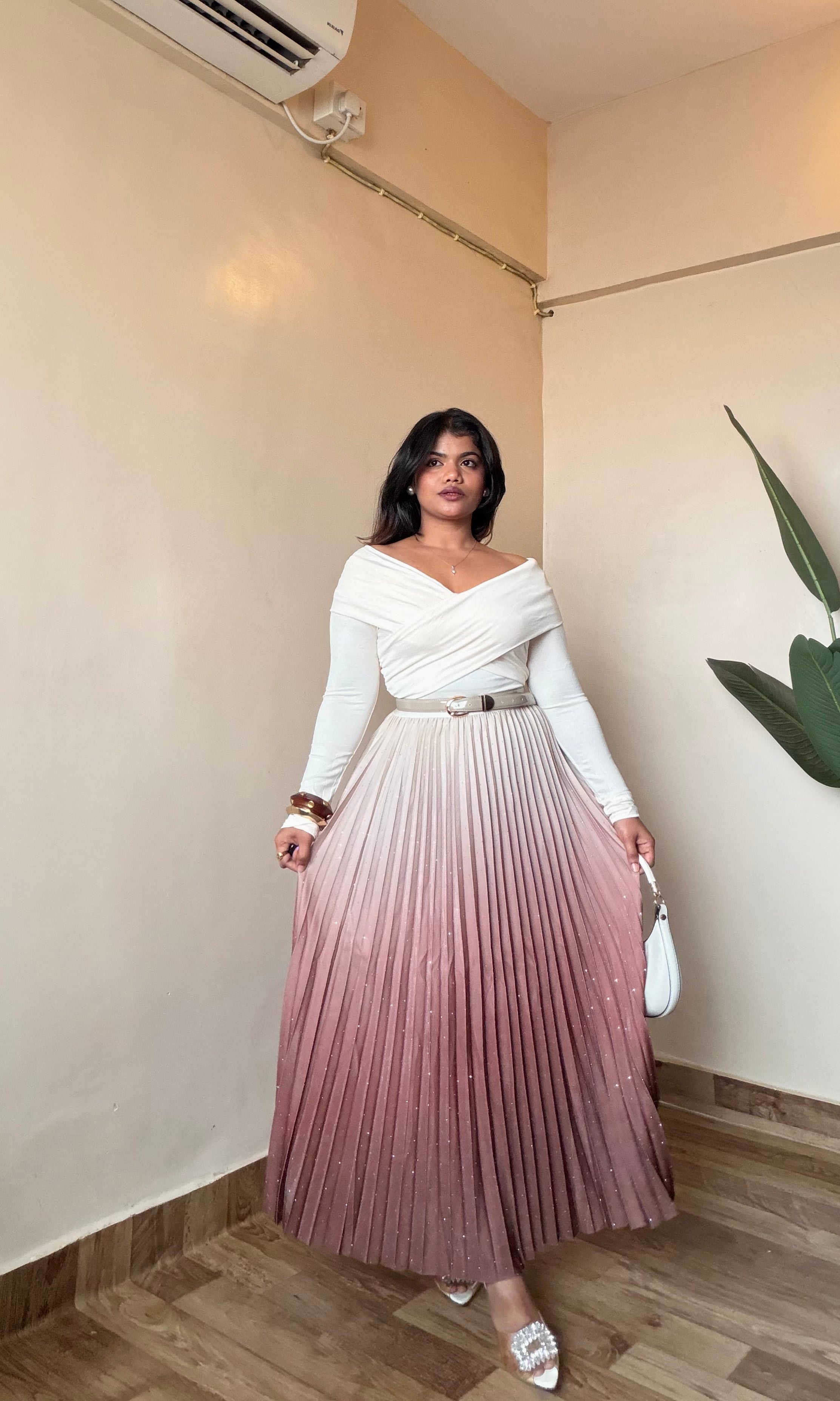 Ombre Rhinestone Pleated Skirt