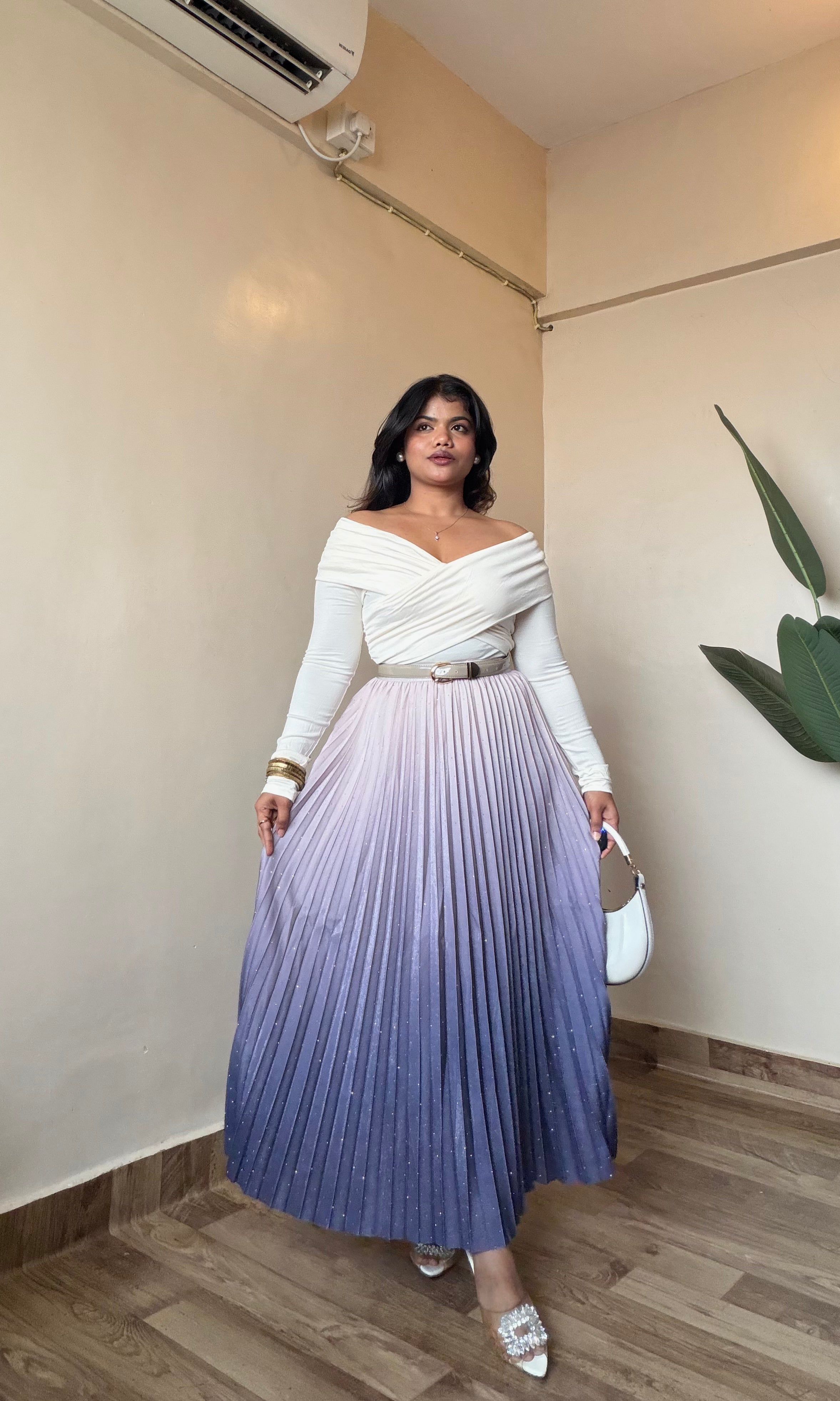 Ombre Rhinestone Pleated Skirt